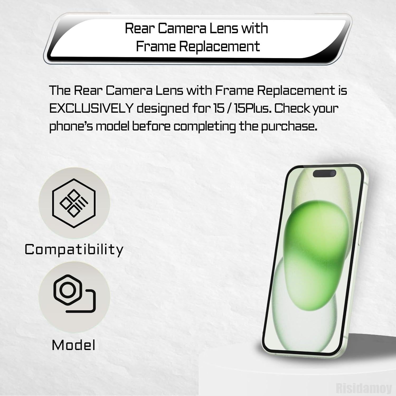 Cristal de Lente de Cámara para iPhone 15 Plus con Marco y Herramientas