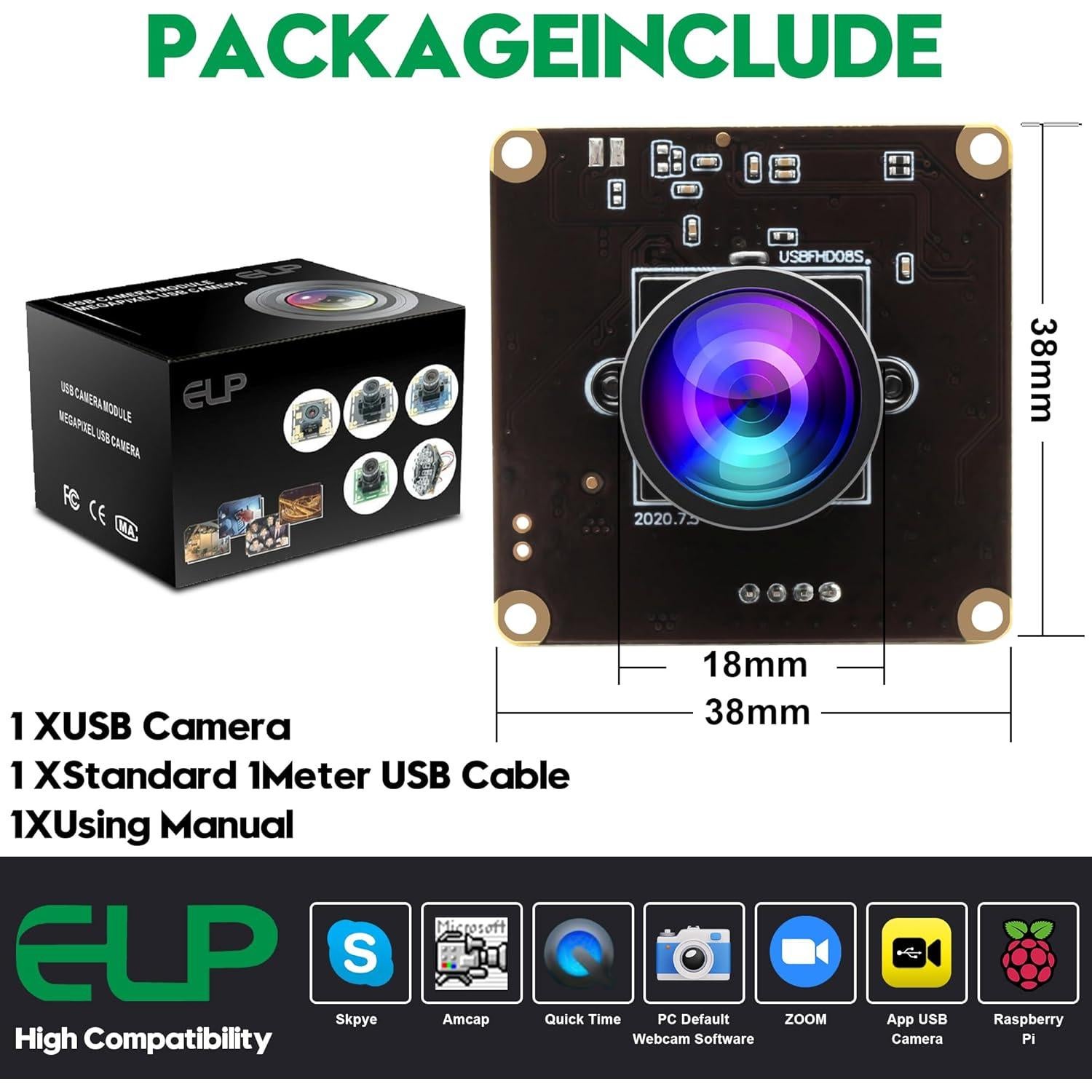 Cámara USB ELP 2MP Mini 1080P 60fps Ángulo Amplio 120°