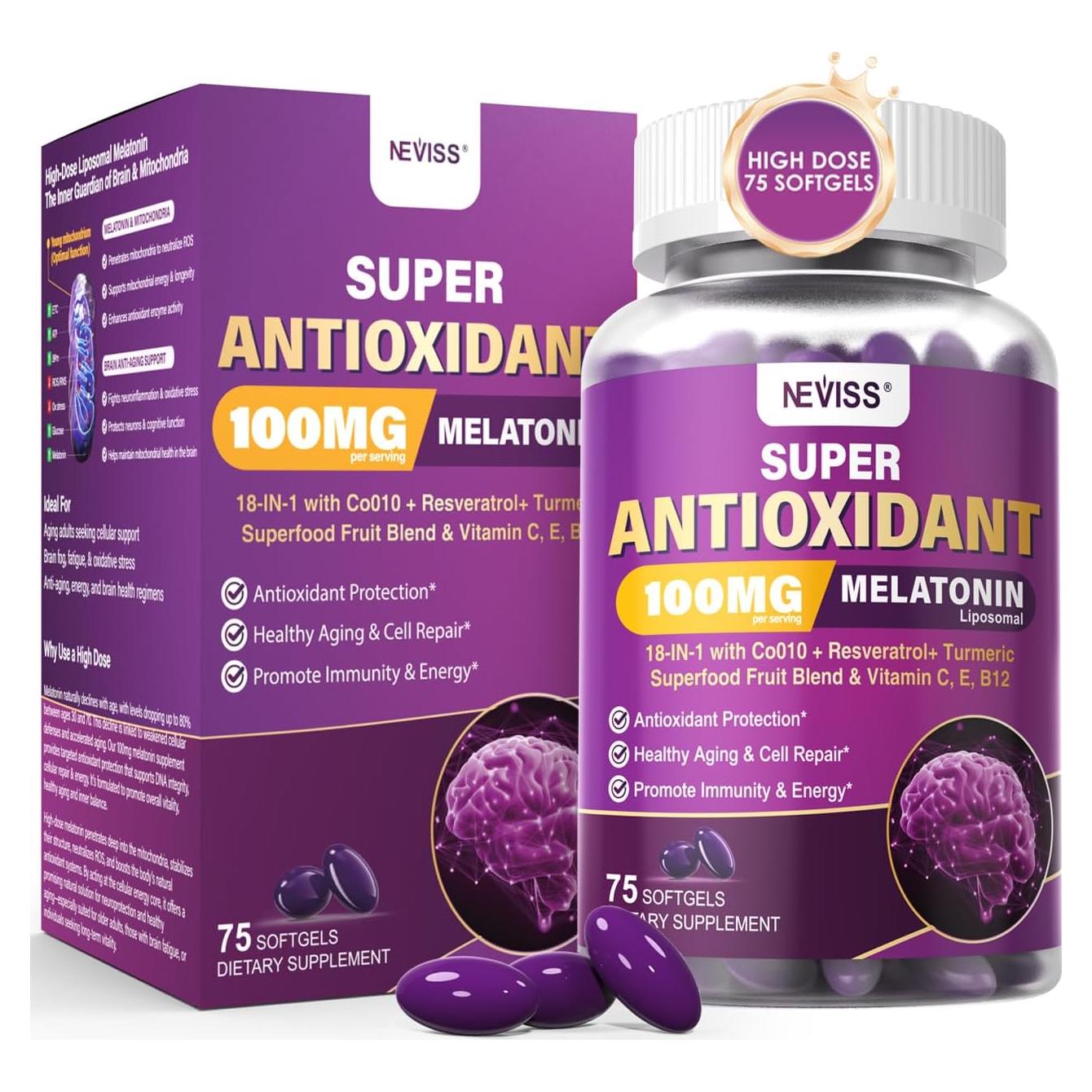 Melatonina 100mg NEVISS con CoQ10 y Antioxidantes 75 Gelatinas