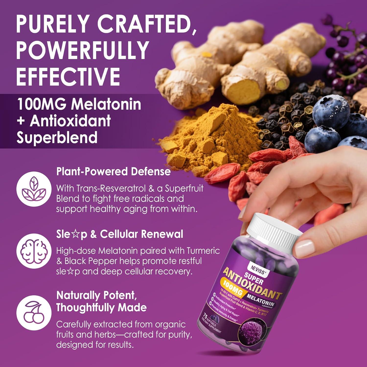 Melatonina 100mg NEVISS con CoQ10 y Antioxidantes 75 Gelatinas