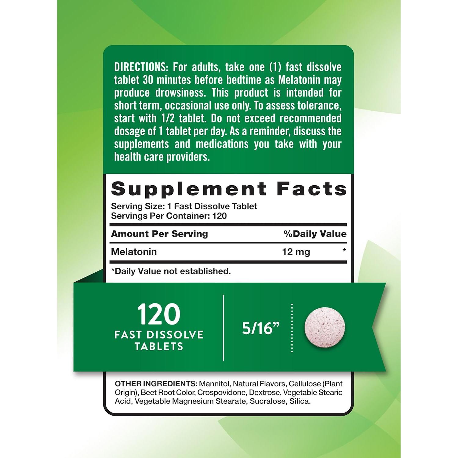 Tabletas de Melatonina Veganas 12mg - Verdad de la Naturaleza - 120 Conteo