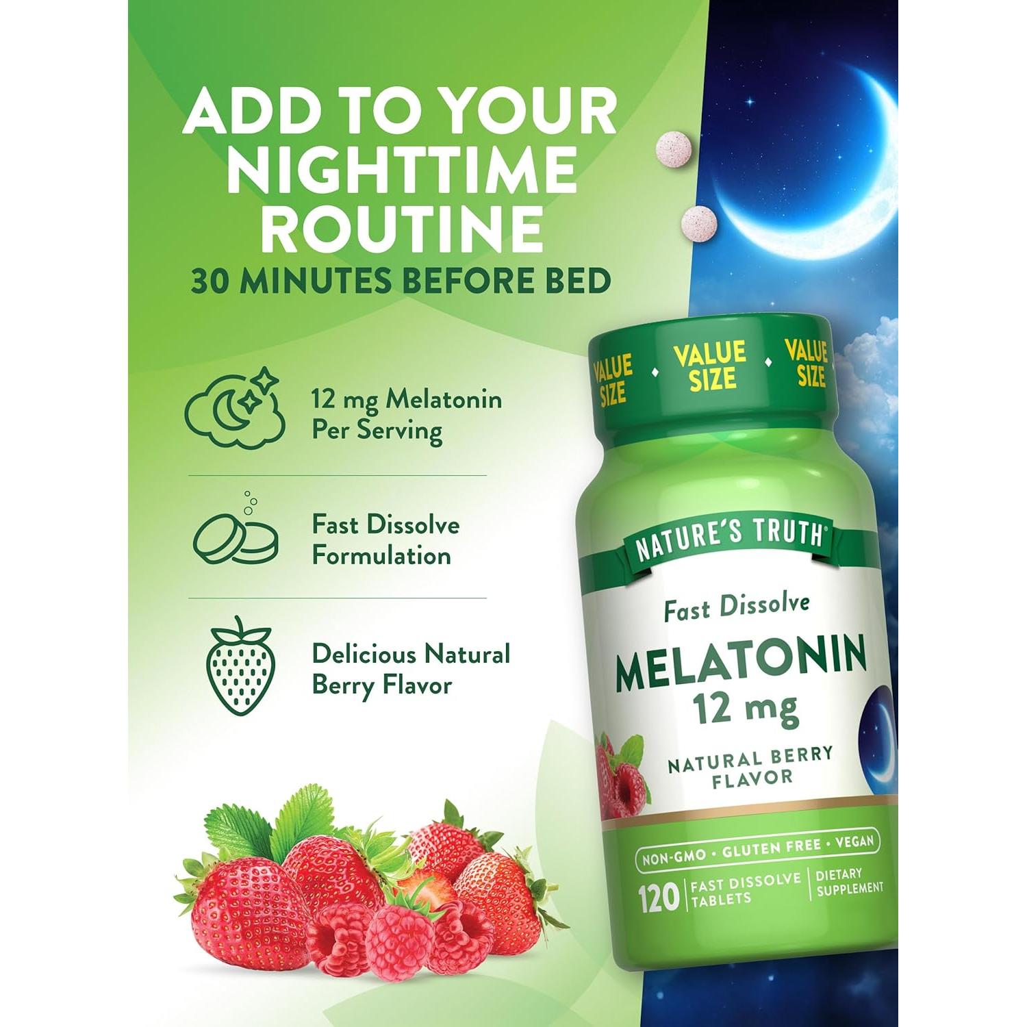 Tabletas de Melatonina Veganas 12mg - Verdad de la Naturaleza - 120 Conteo