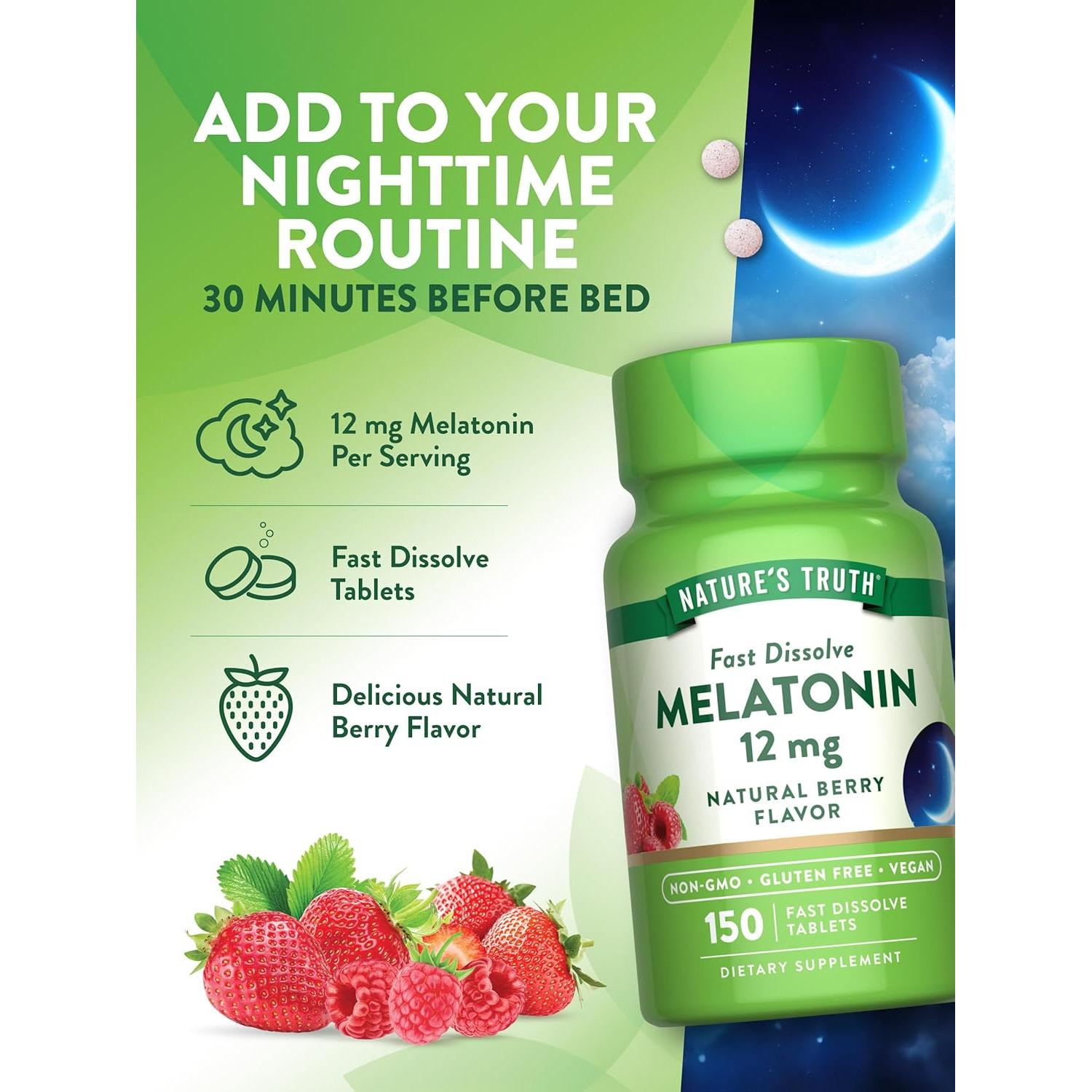 Melatonina 12 mg Verdad de la Naturaleza 150 Tabletas Sabor Baya