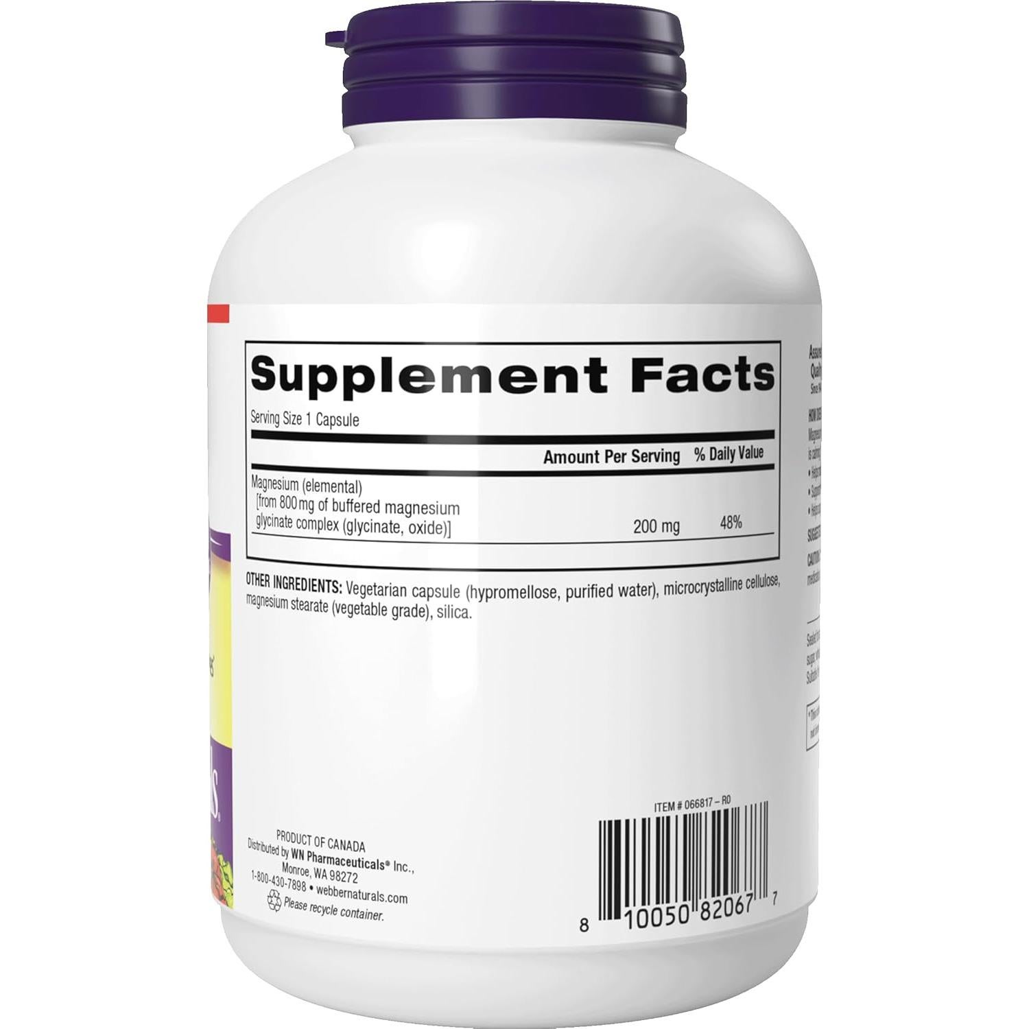 Glicinato de Magnesio Webber Naturals 200 mg 180 Cápsulas Veganas