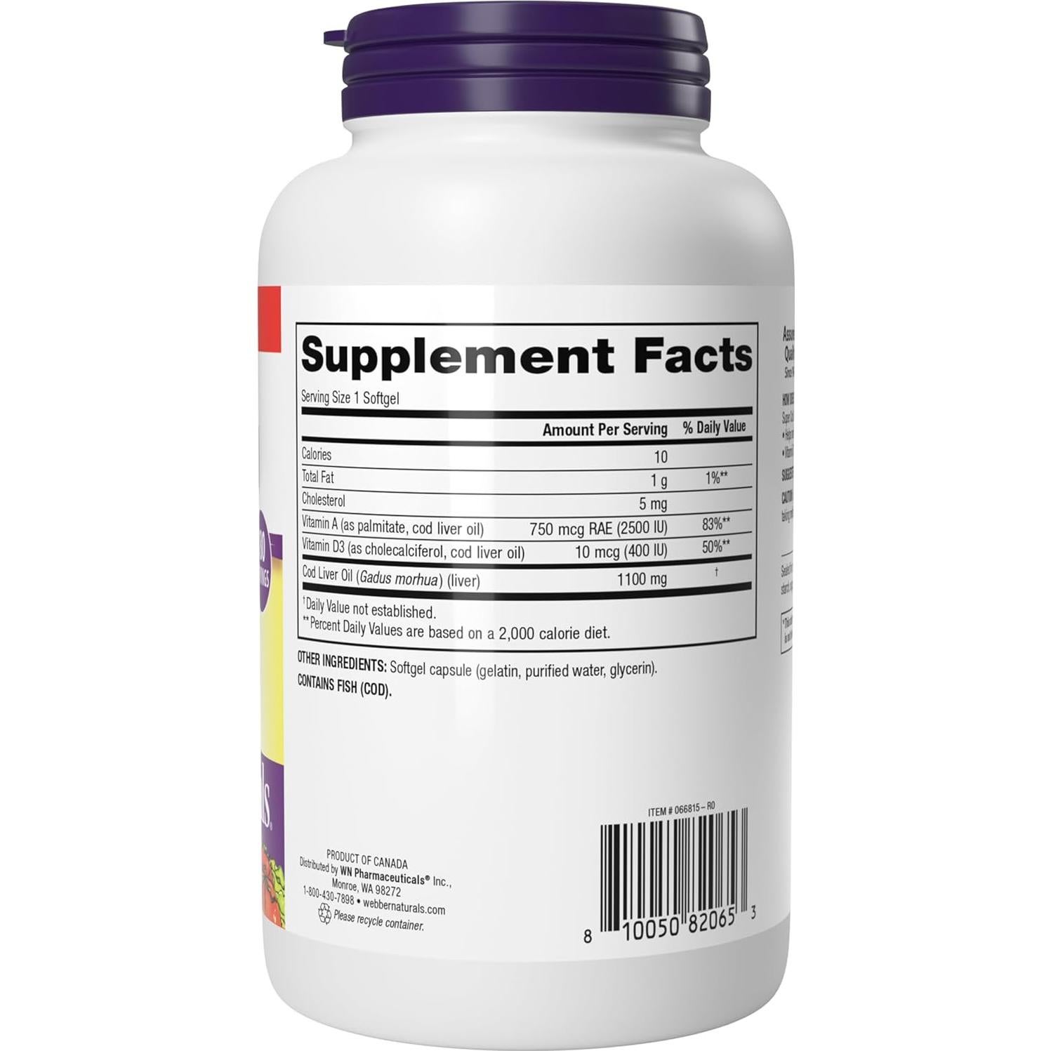 Aceite de Hígado de Bacalao Webber Naturals 1100 mg 180 Softgels