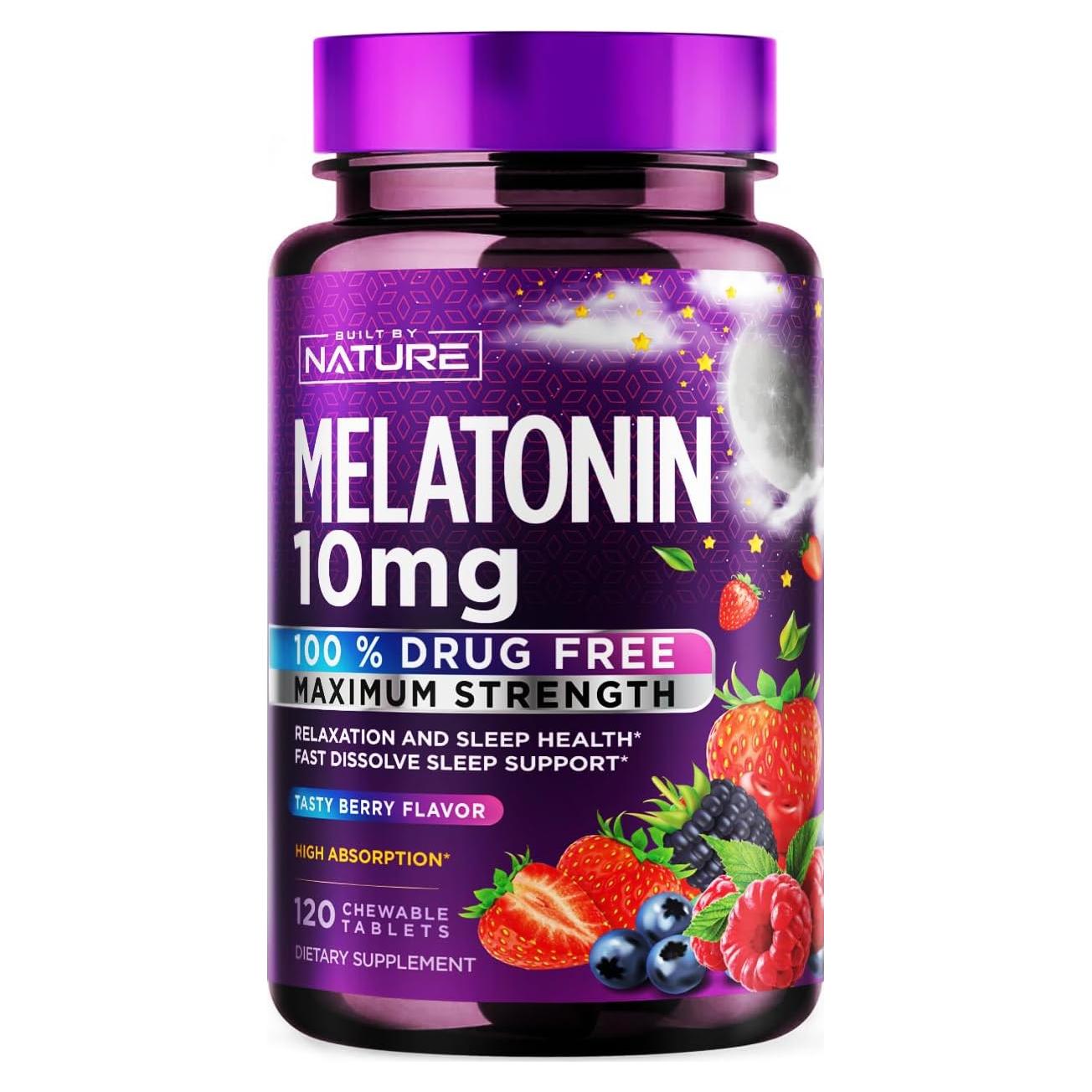 Melatonina 10mg Masticables Construido por la Naturaleza - Sabor a Baya - 120 Tabletas