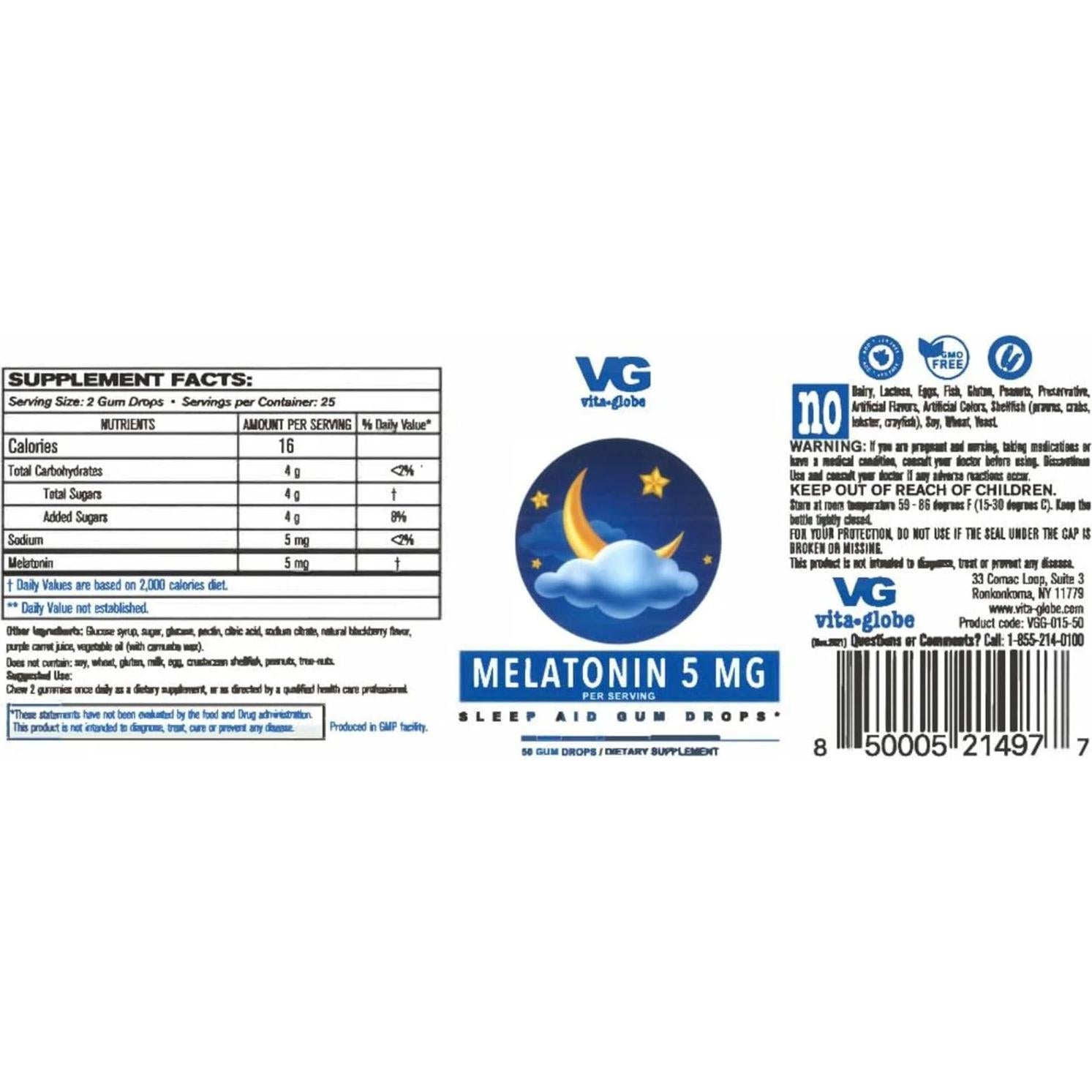 Melatonina 5mg Gummy VitaGlobe - Suplemento Vegano para Dormir