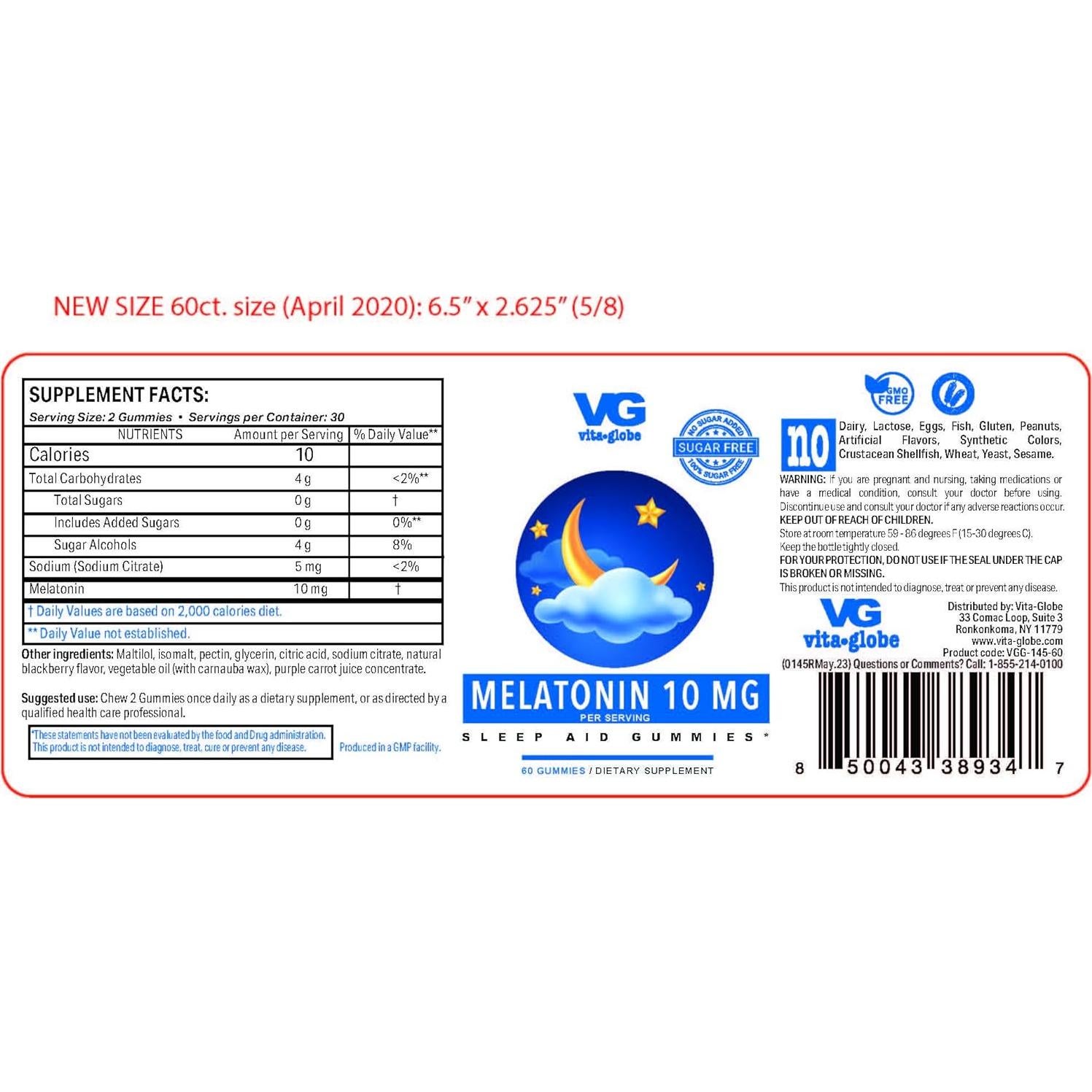 Melatonina 10 mg Gummy VitaGlobe Sin Azúcar 100 Unidades