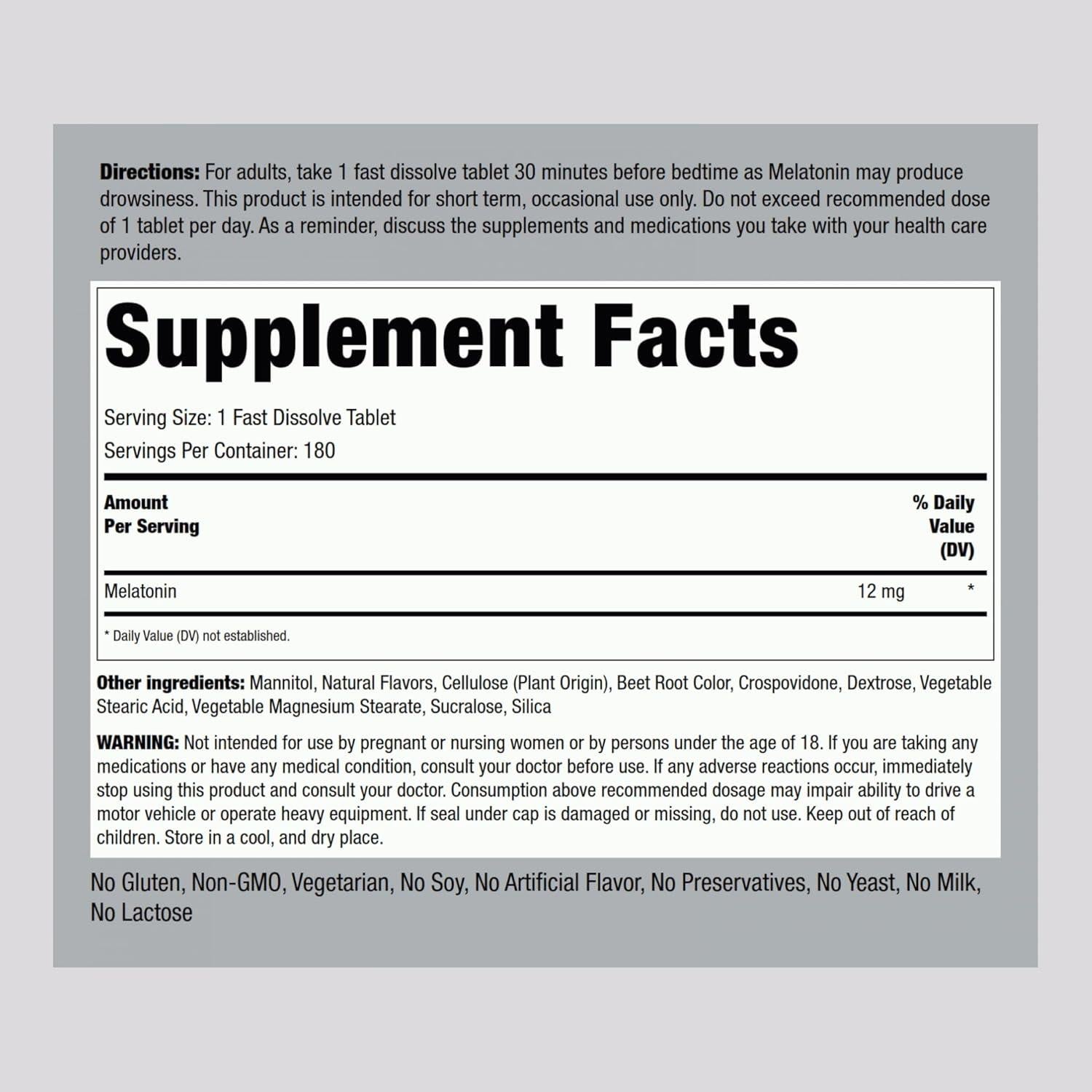 Melatonina 12 mg Piping Rock 180 Tabletas Rápidas Sin OGM