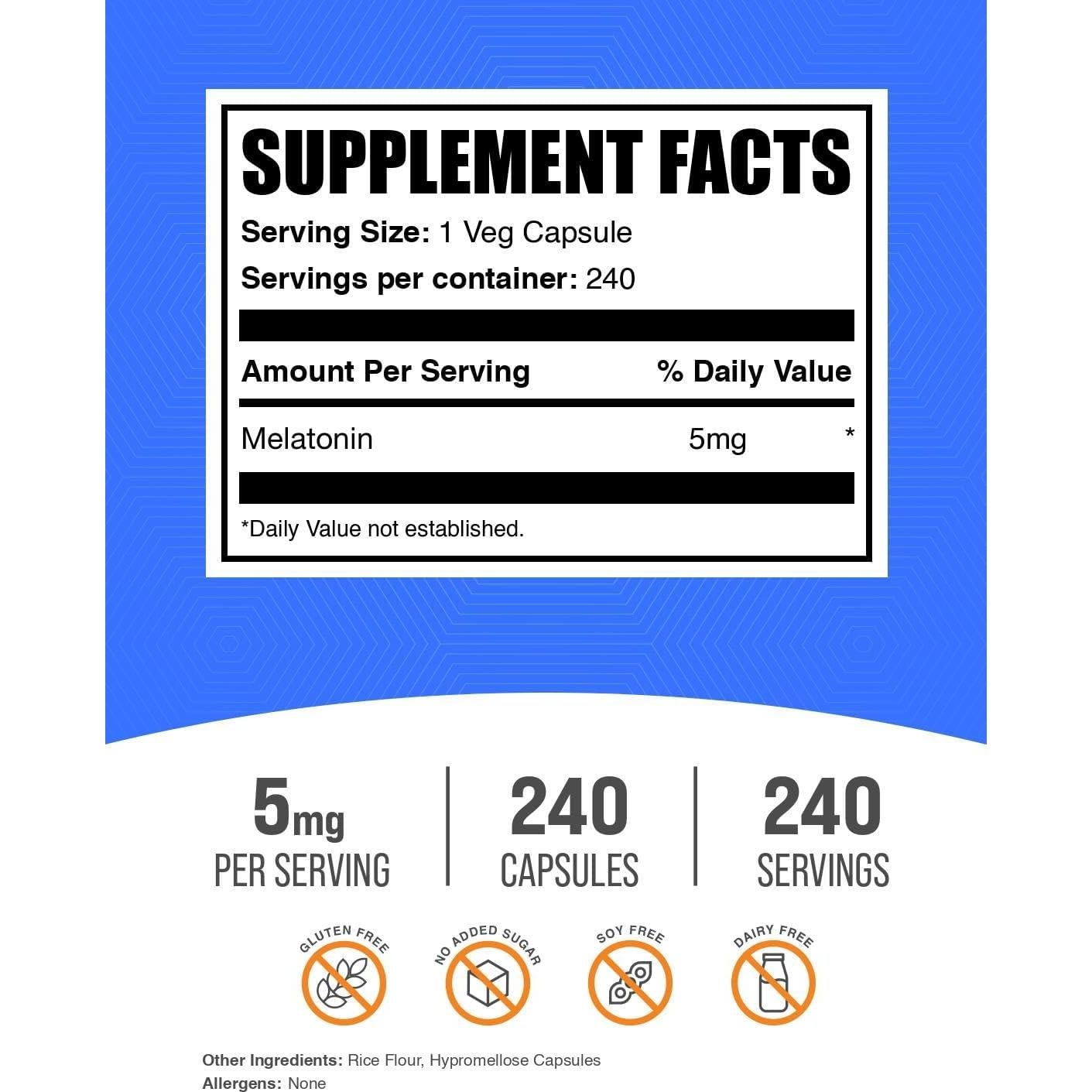 Melatonina 5 mg BulkSupplements.com - 240 Cápsulas para Dormir