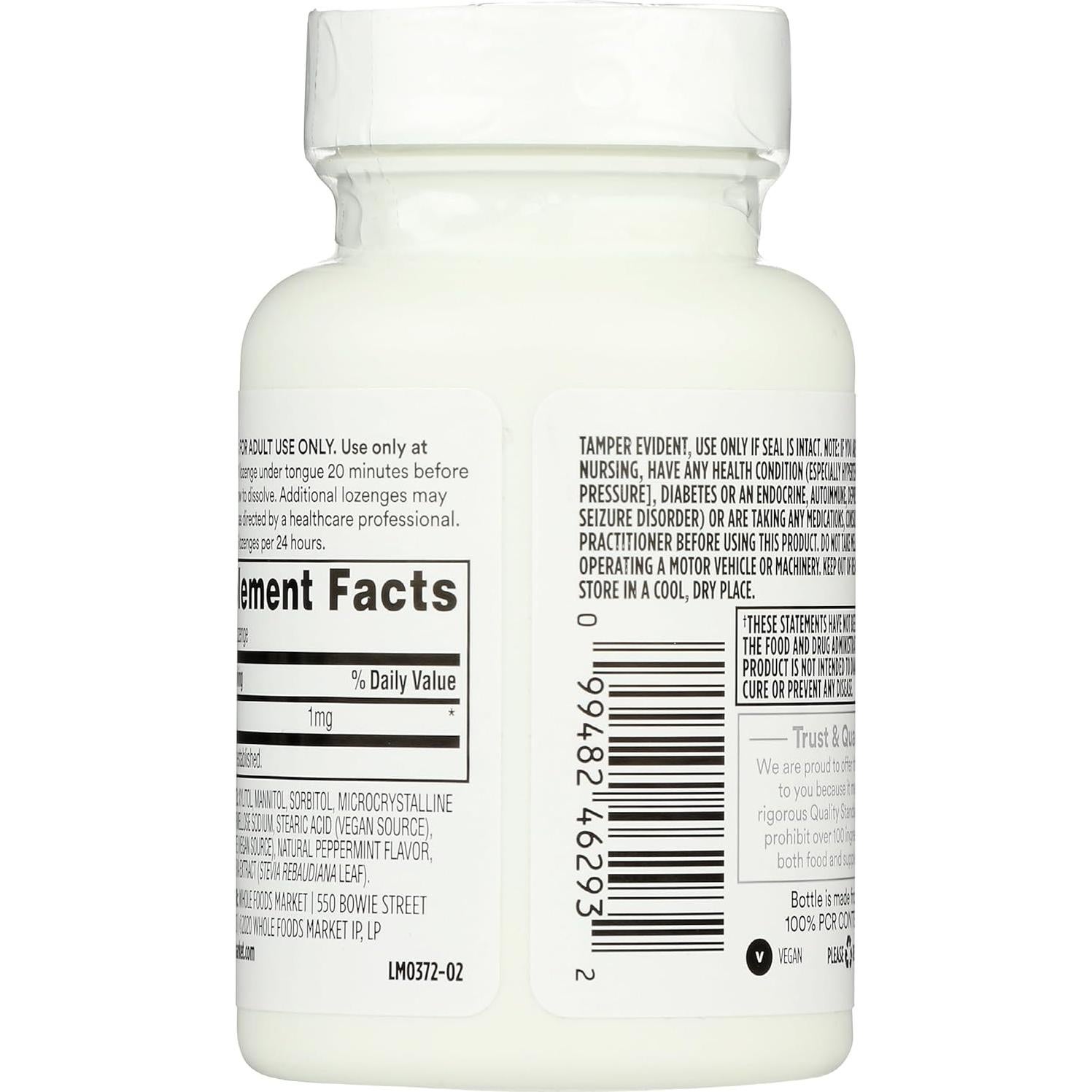 Pastillas de Melatonina 1mg 365 Whole Foods, Sabor Menta, 60 Unidades