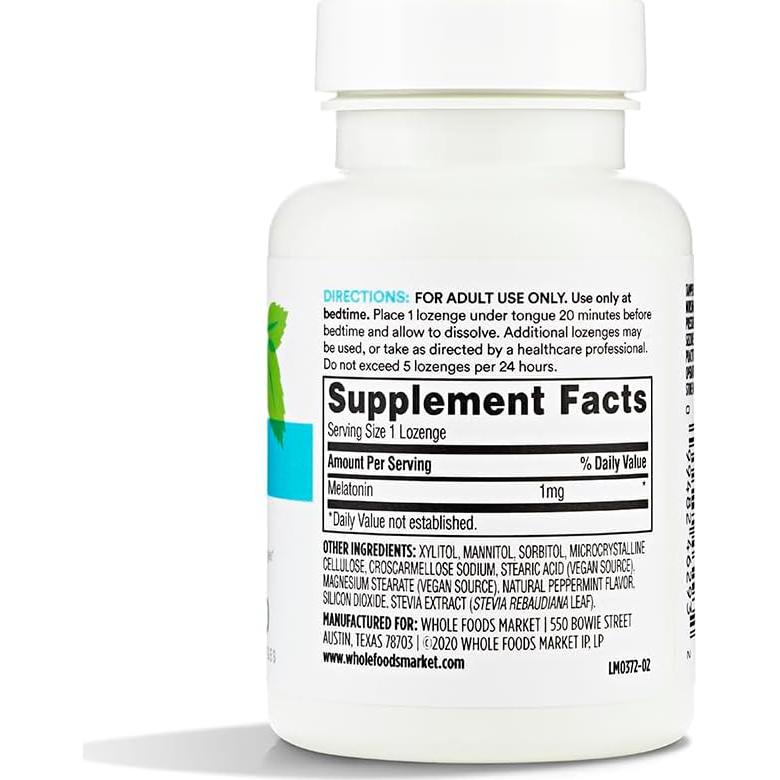 Pastillas de Melatonina 1mg 365 Whole Foods, Sabor Menta, 60 Unidades