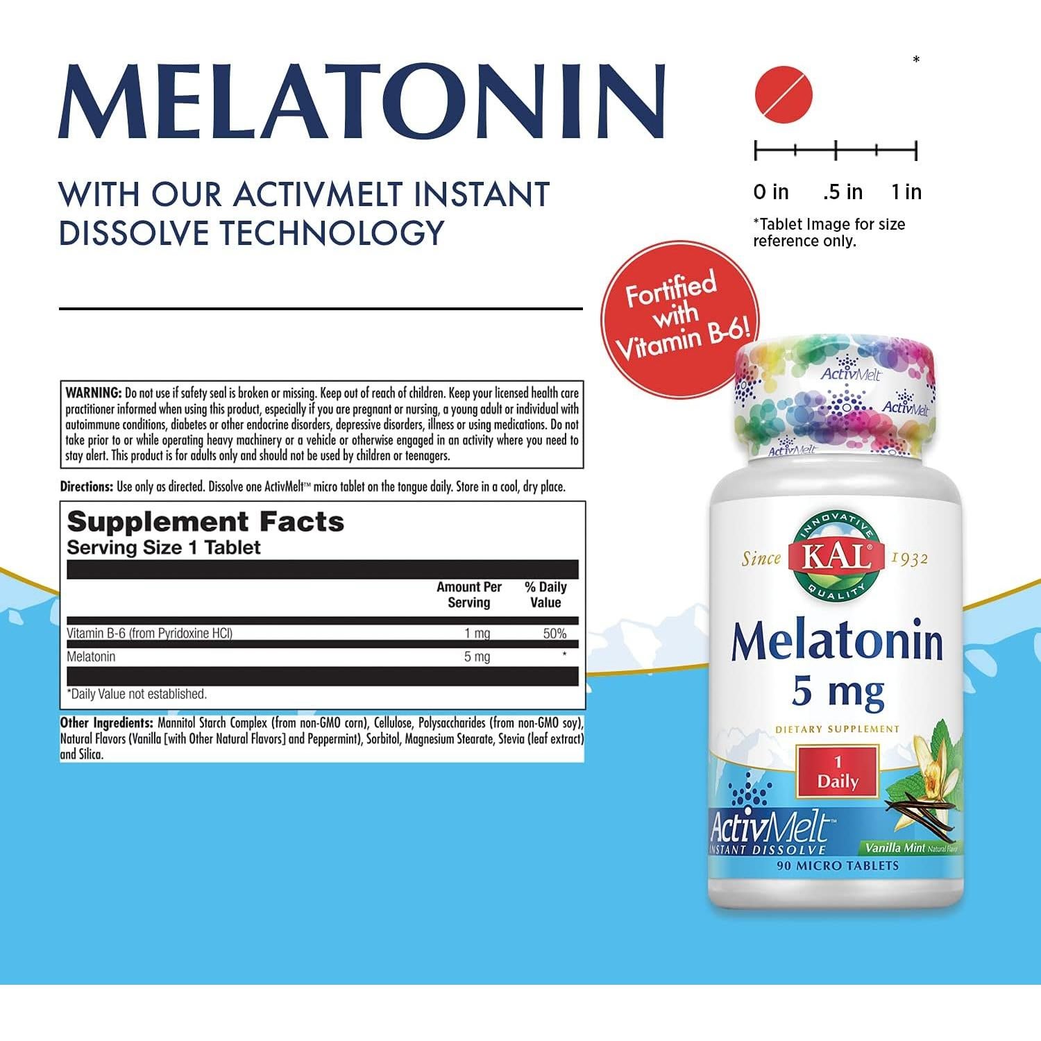 KAL Melatonina 5mg Suplemento para Dormir 90 Tabletas