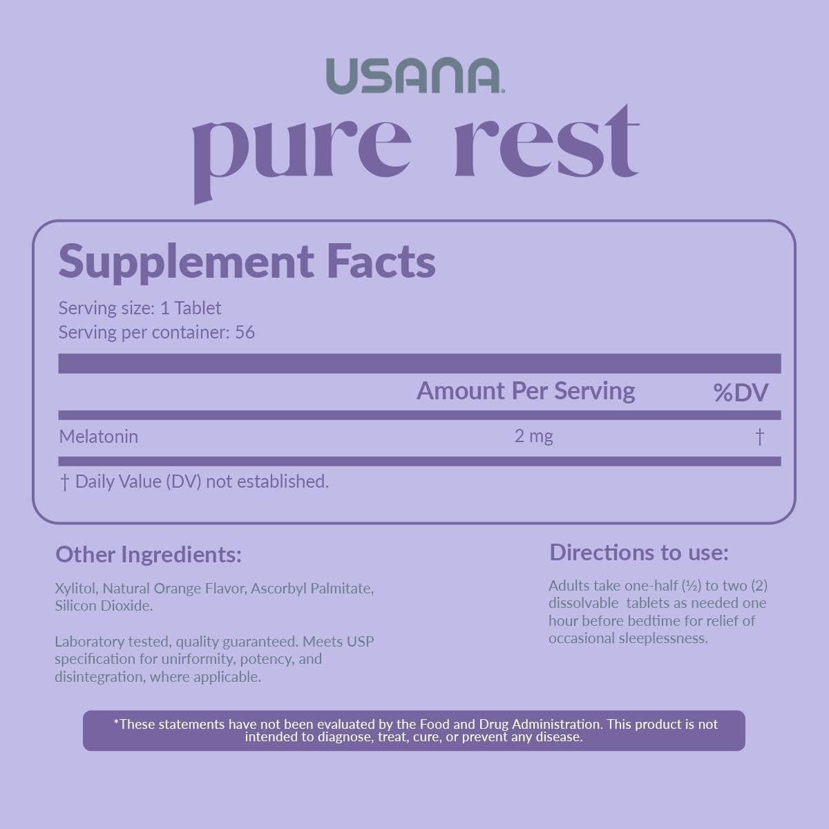 Suplemento de Melatonina USANA Pure Rest 56 Tabletas Sin Azúcar