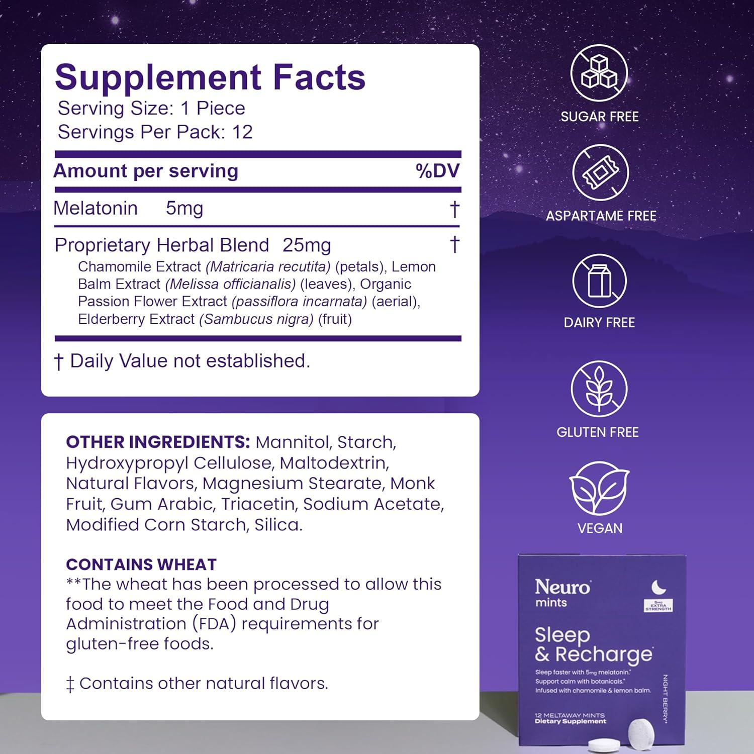 Neuro Melatonina 5mg Mentas Sin Azúcar 72 Piezas Frutos Nocturnos