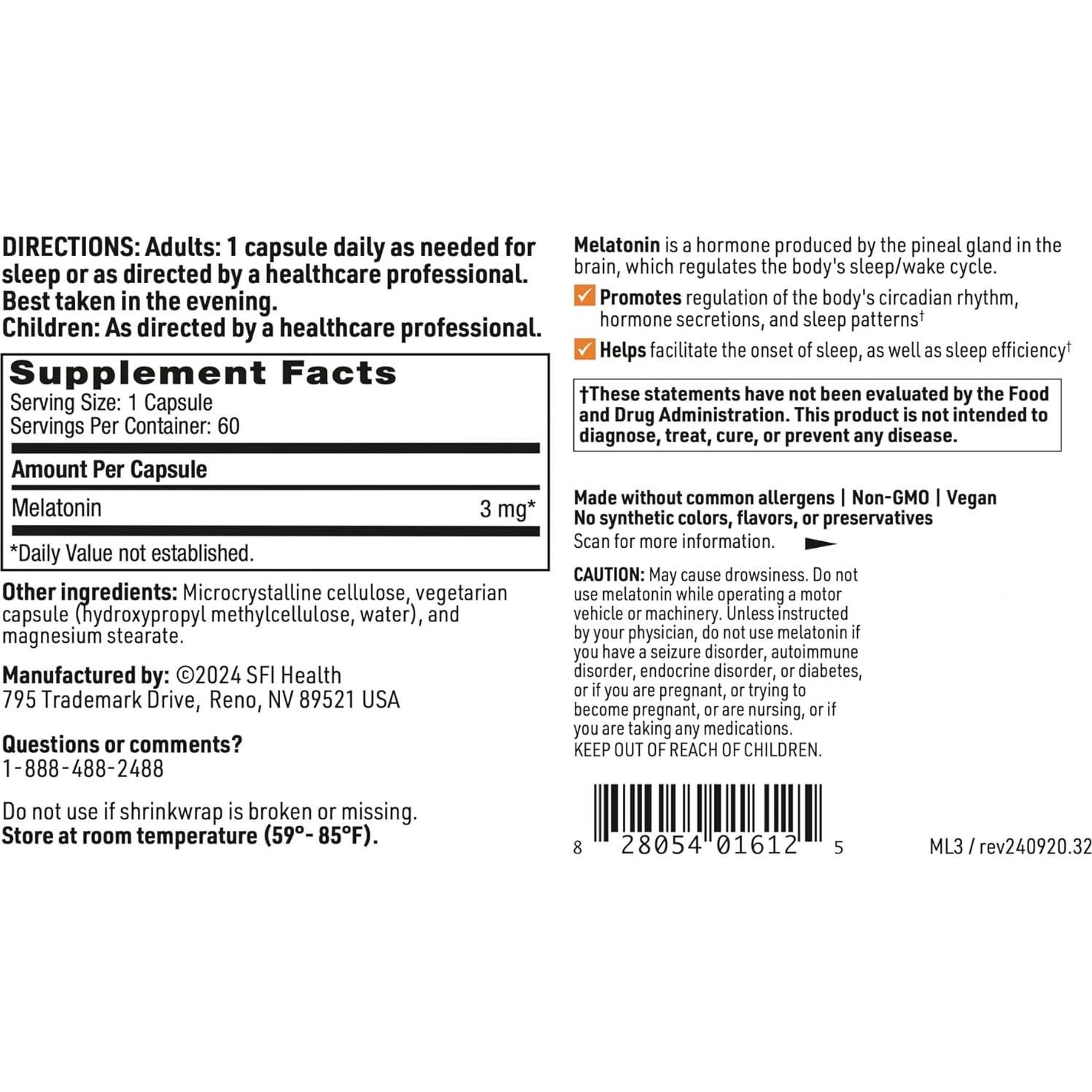 Melatonina 3 mg Klaire Labs - 60 Cápsulas Vegetarianas