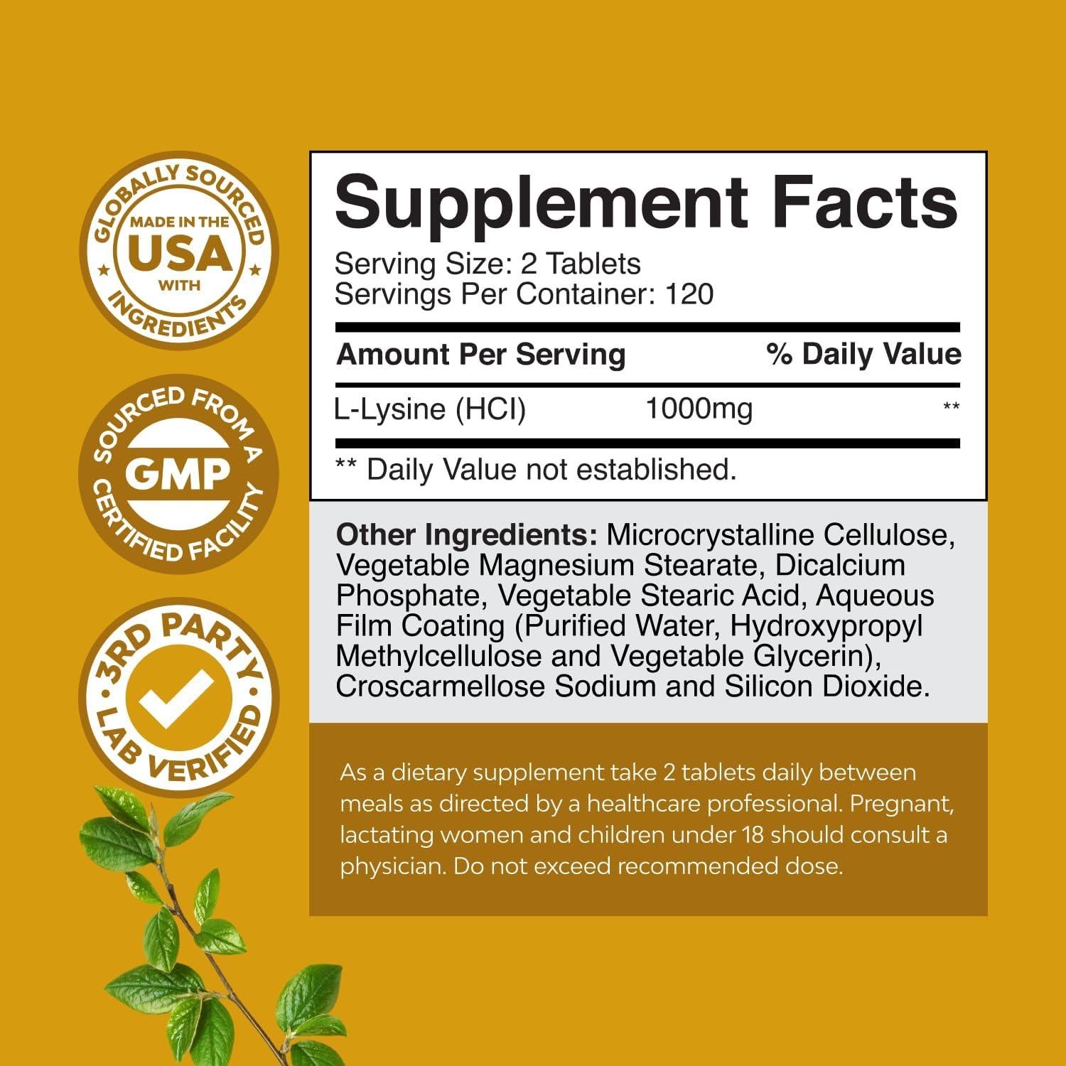 L-Lisina 1000mg Natures Craft - 240 Tabletas para Salud Ocular