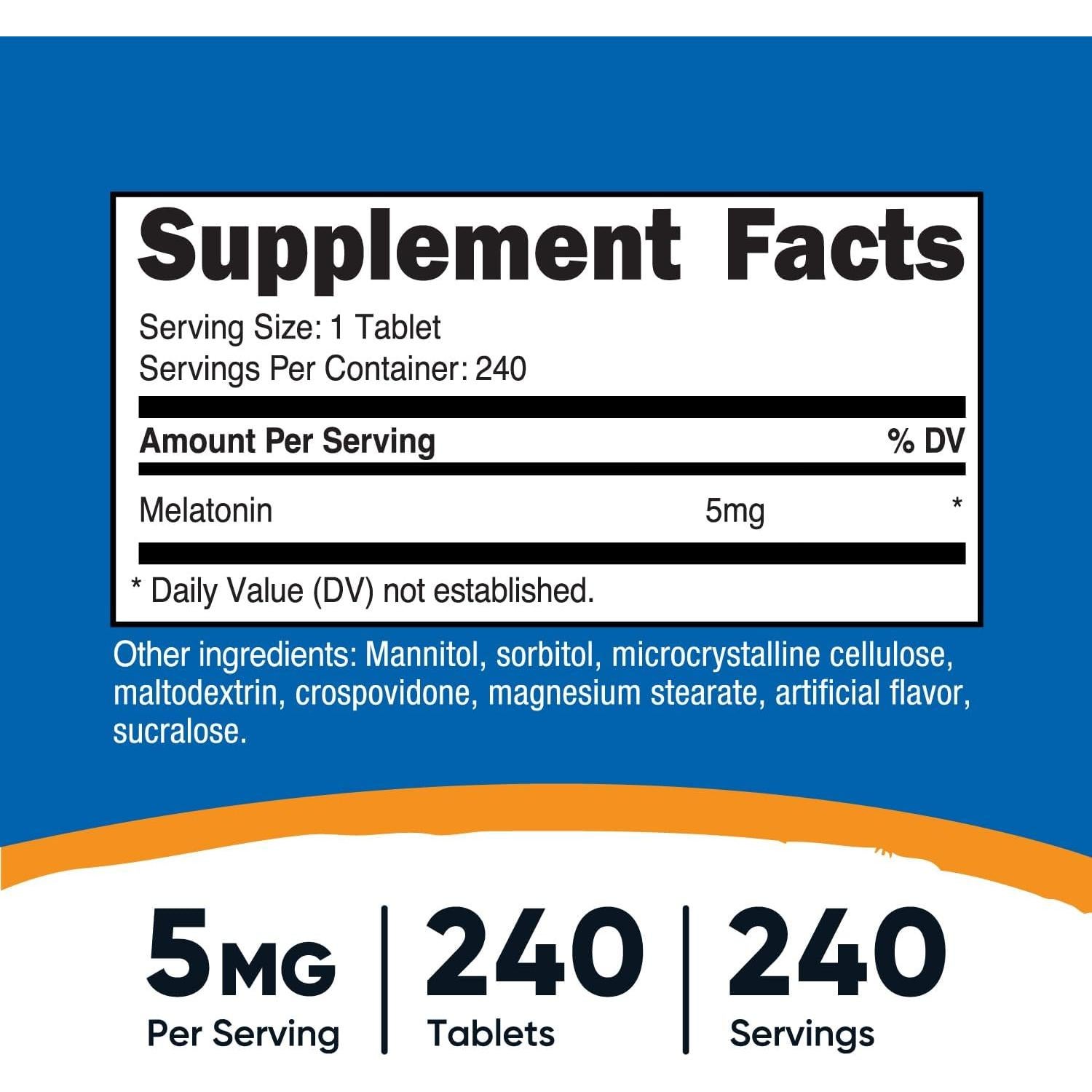 Melatonina 5mg Nutricost - 240 Tabletas Sabor Frutas Mixtas