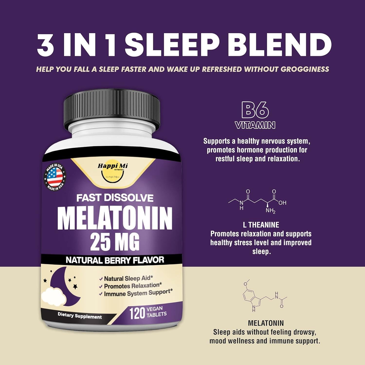 Melatonina 25mg Happi Mi Nutrition con L-Theanina y B6 - 120 Tabletas