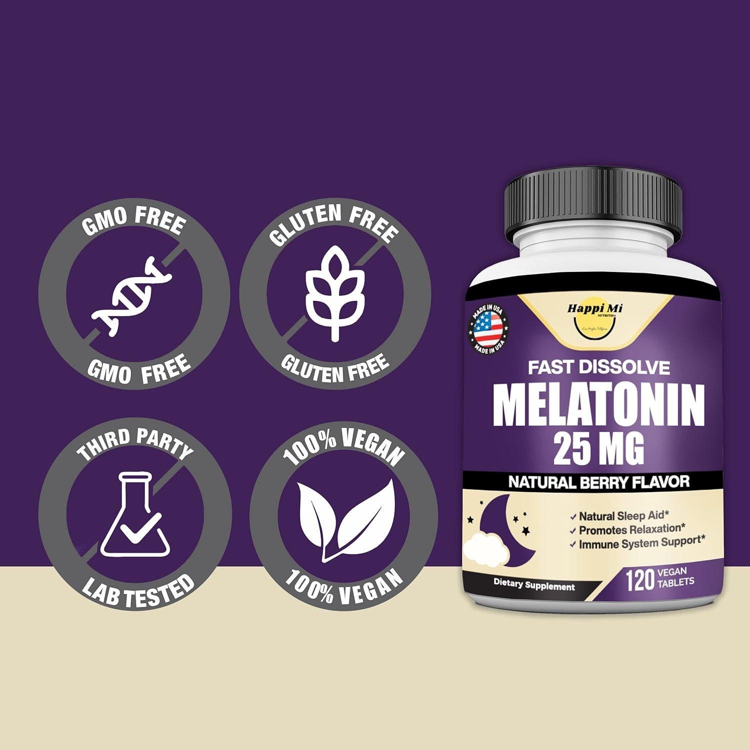 Melatonina 25mg Happi Mi Nutrition con L-Theanina y B6 - 120 Tabletas
