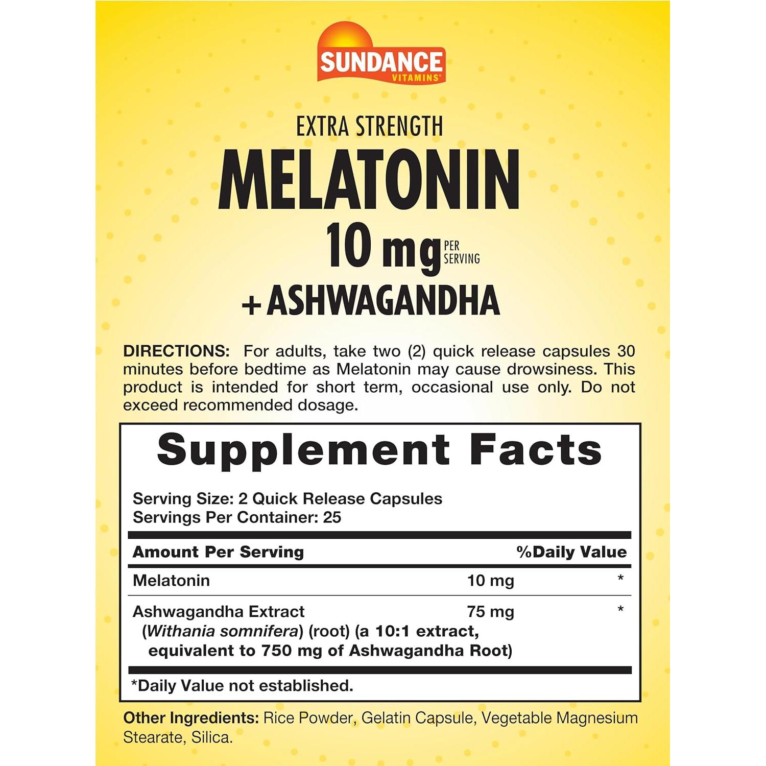 Melatonina 10mg con Ashwagandha Sundance | 50 Cápsulas