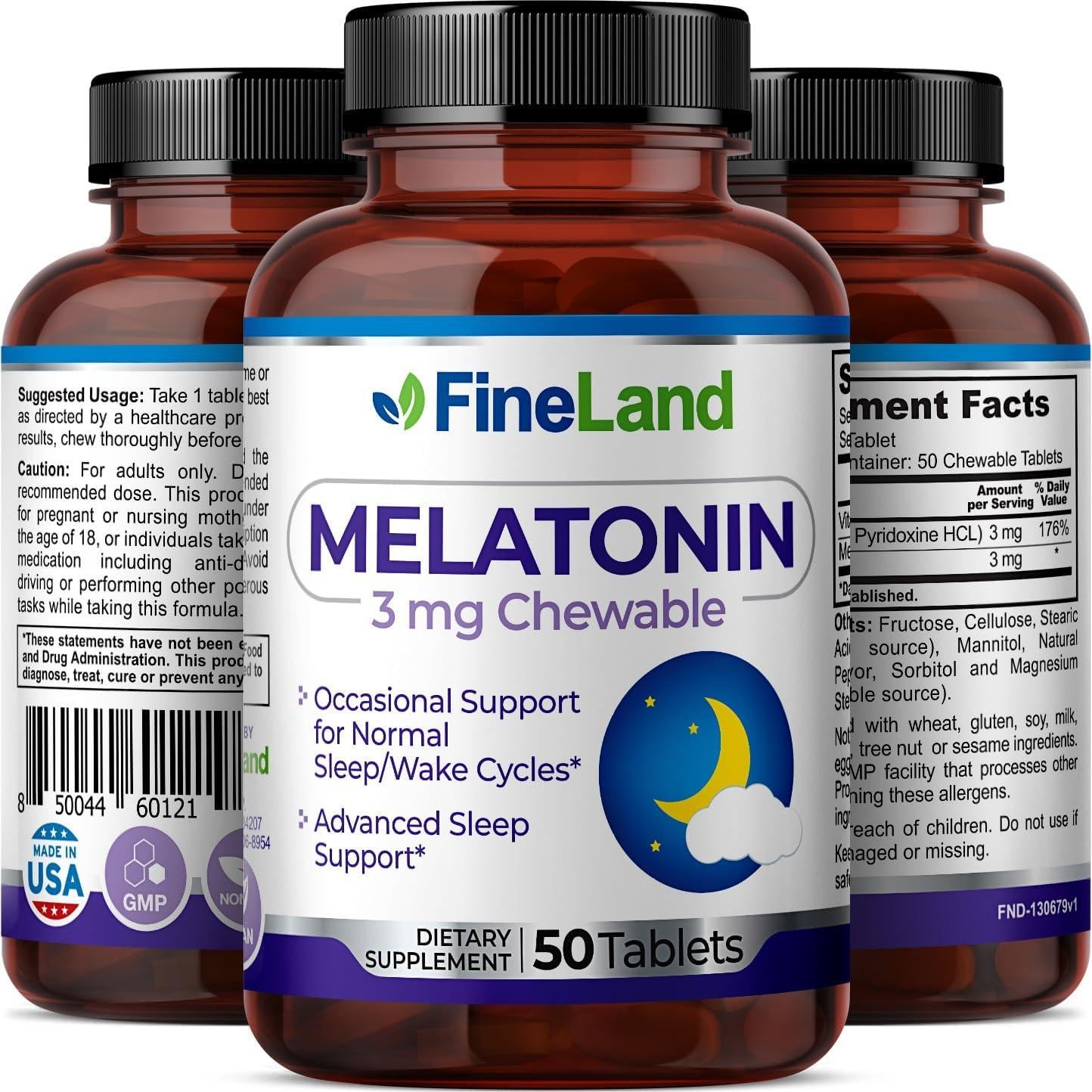 Melatonina Masticable FineLand 3mg - 50 Tabletas Rápidas