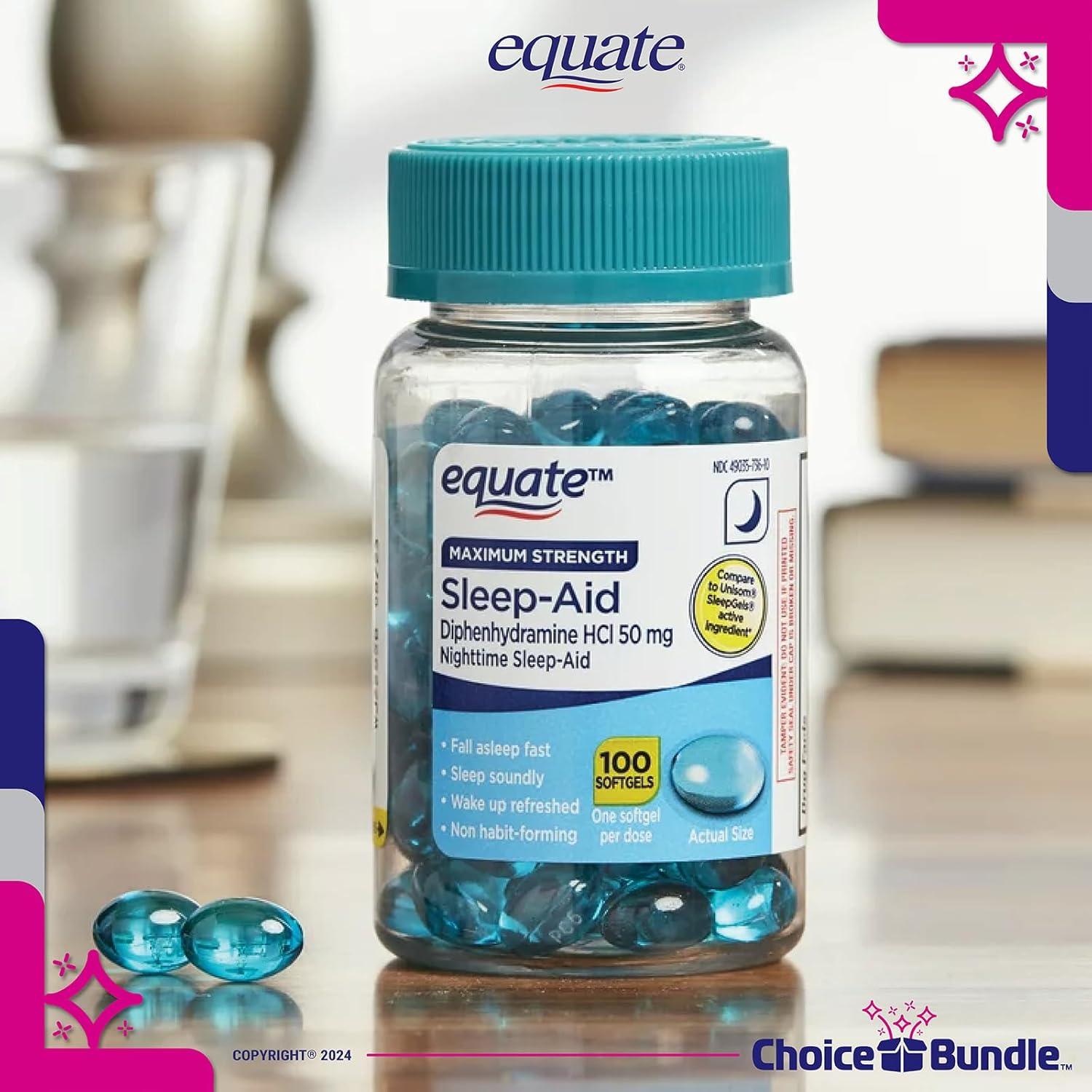 Equate Gelatinas para Dormir 50mg Diphenhydramine 200 CT + Guía