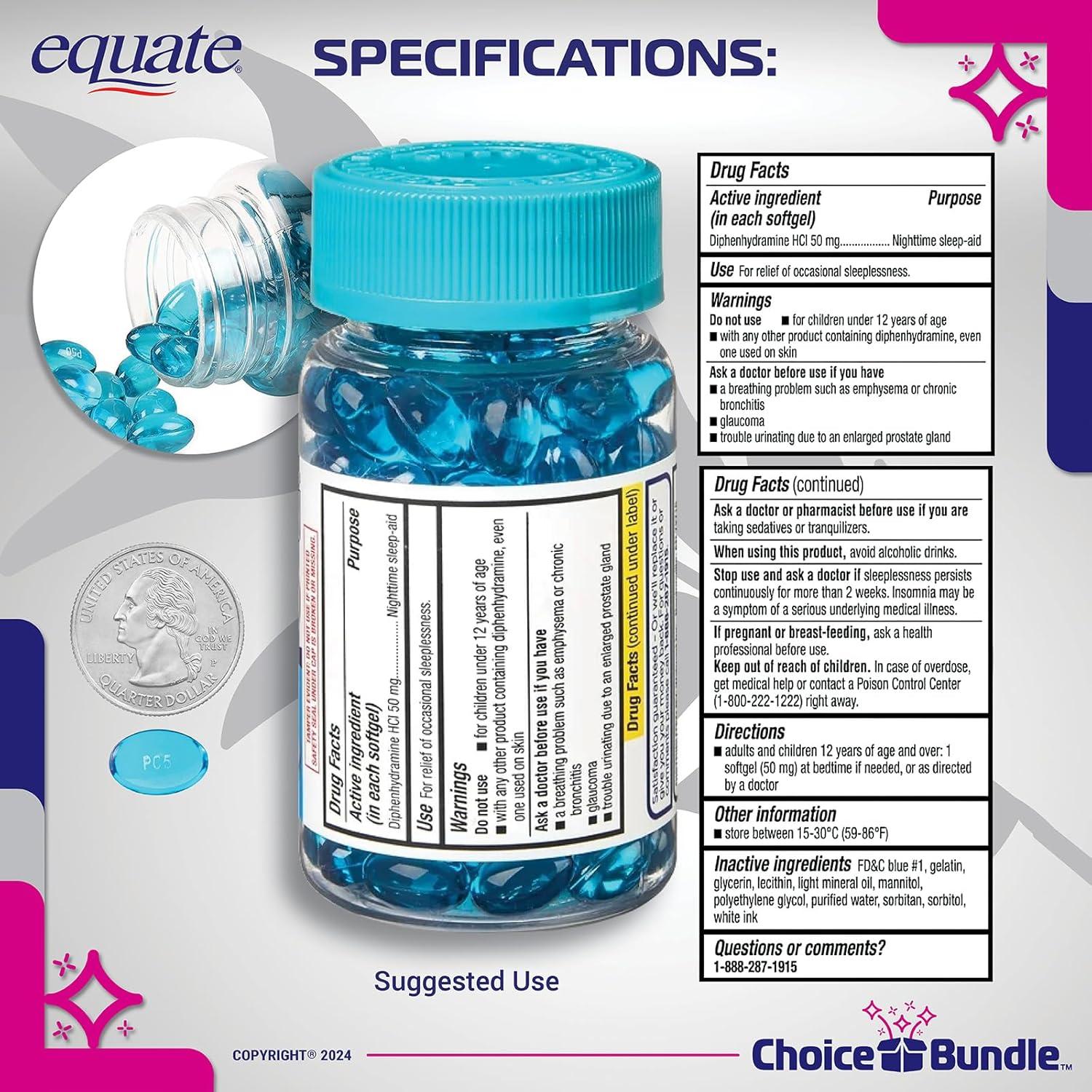 Equate Gelatinas para Dormir 50mg Difenhidramina 300 CT + Guía