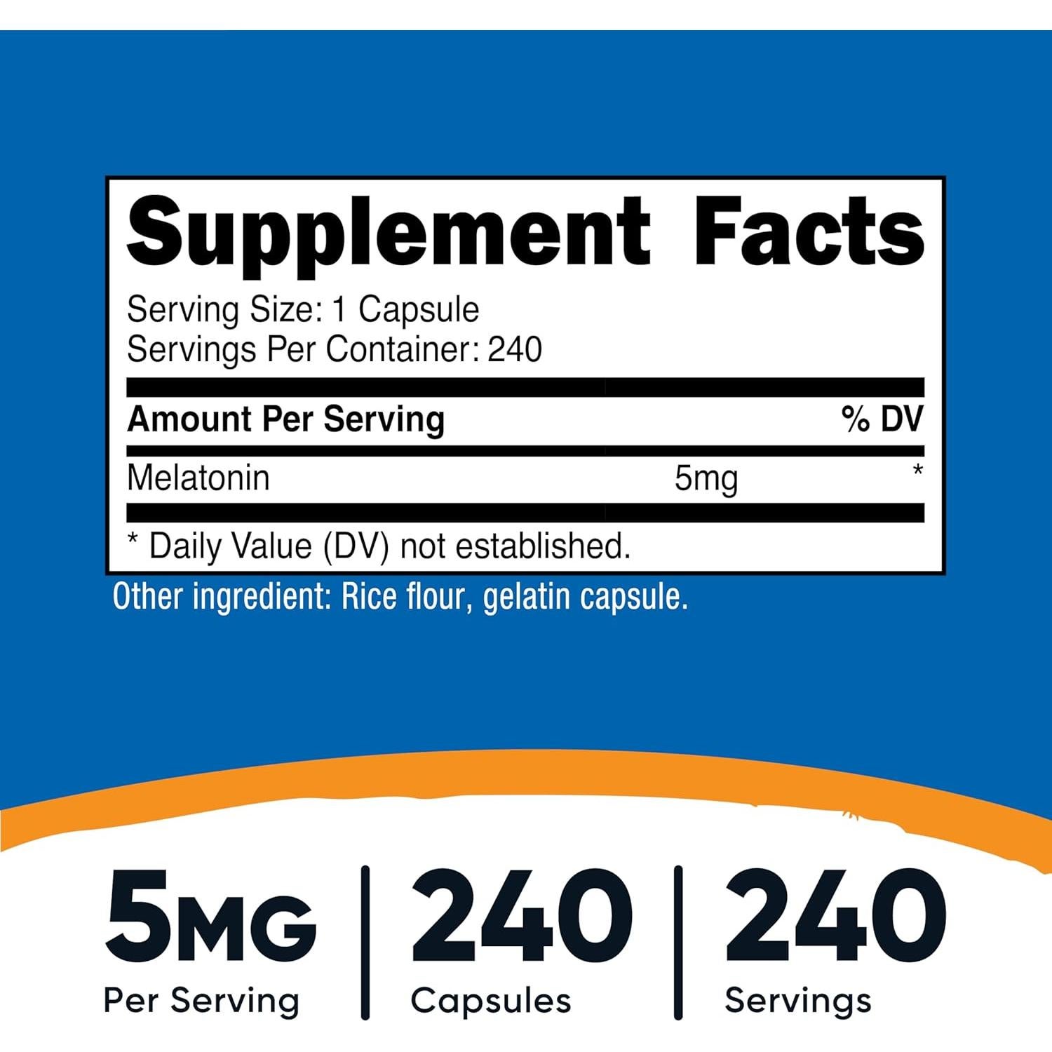 Melatonina 5mg Nutricost 240 Cápsulas No OGM Sin Gluten