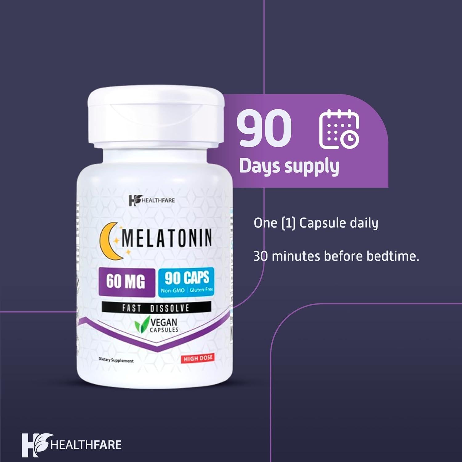 Melatonina 60mg HealthFare 90 Tabletas Vegetariana Sin OGM