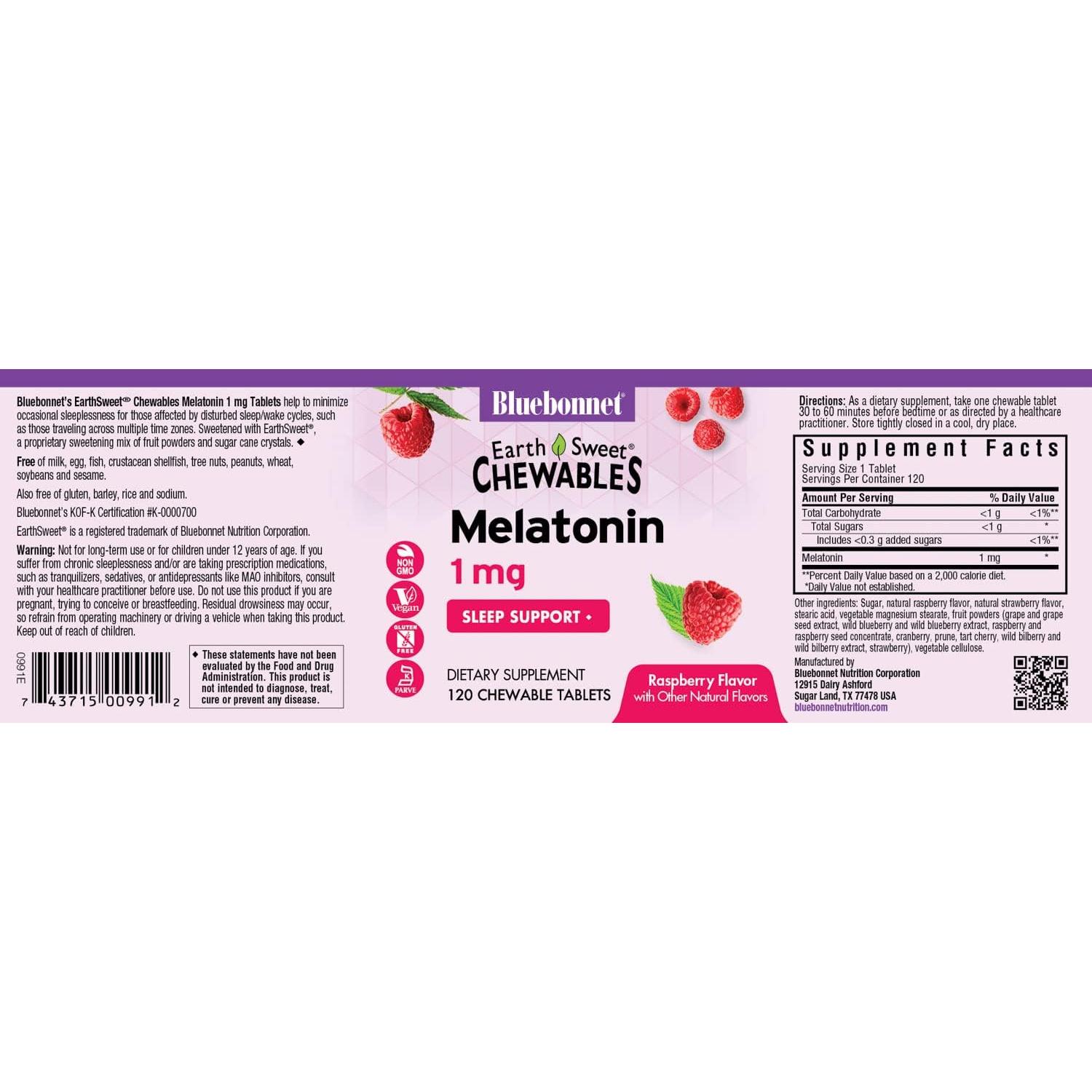 Melatonina Masticable 1 mg Bluebonnet Nutrition Sabor Frambuesa - 120 Tabletas