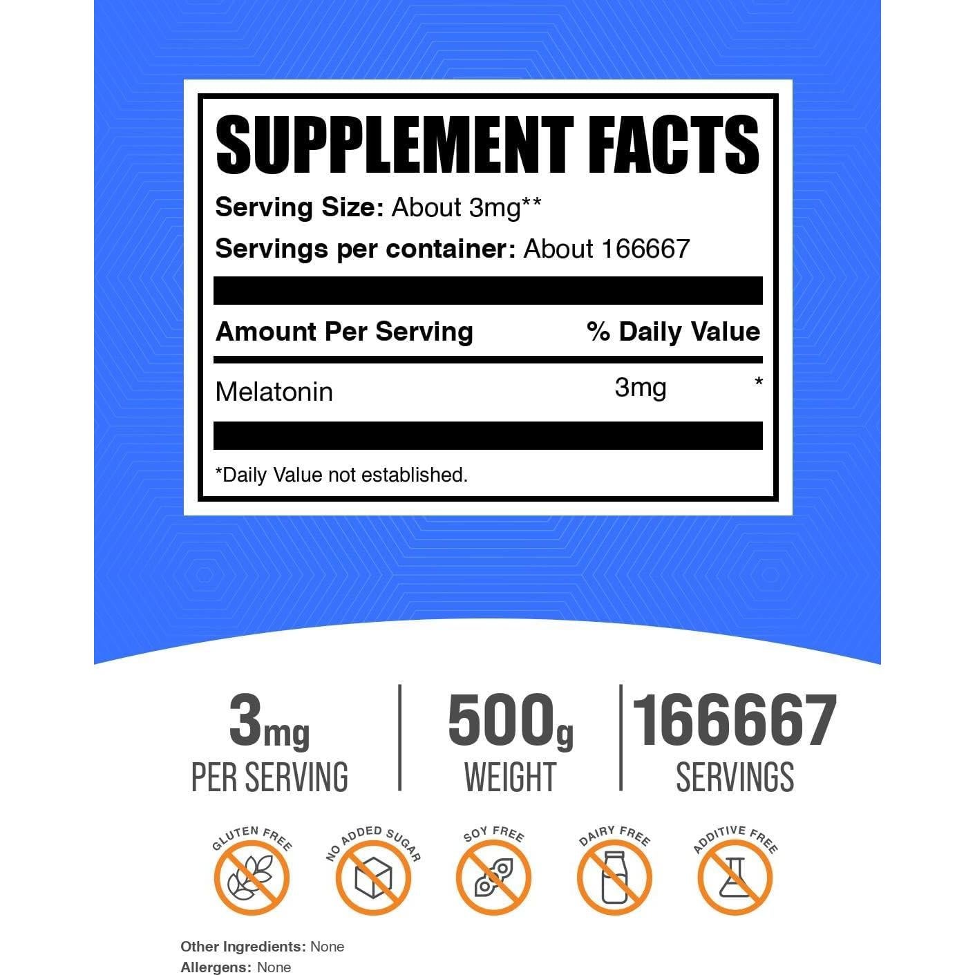 Polvo de Melatonina BulkSupplements 3mg 500g Vegano Sin Gluten