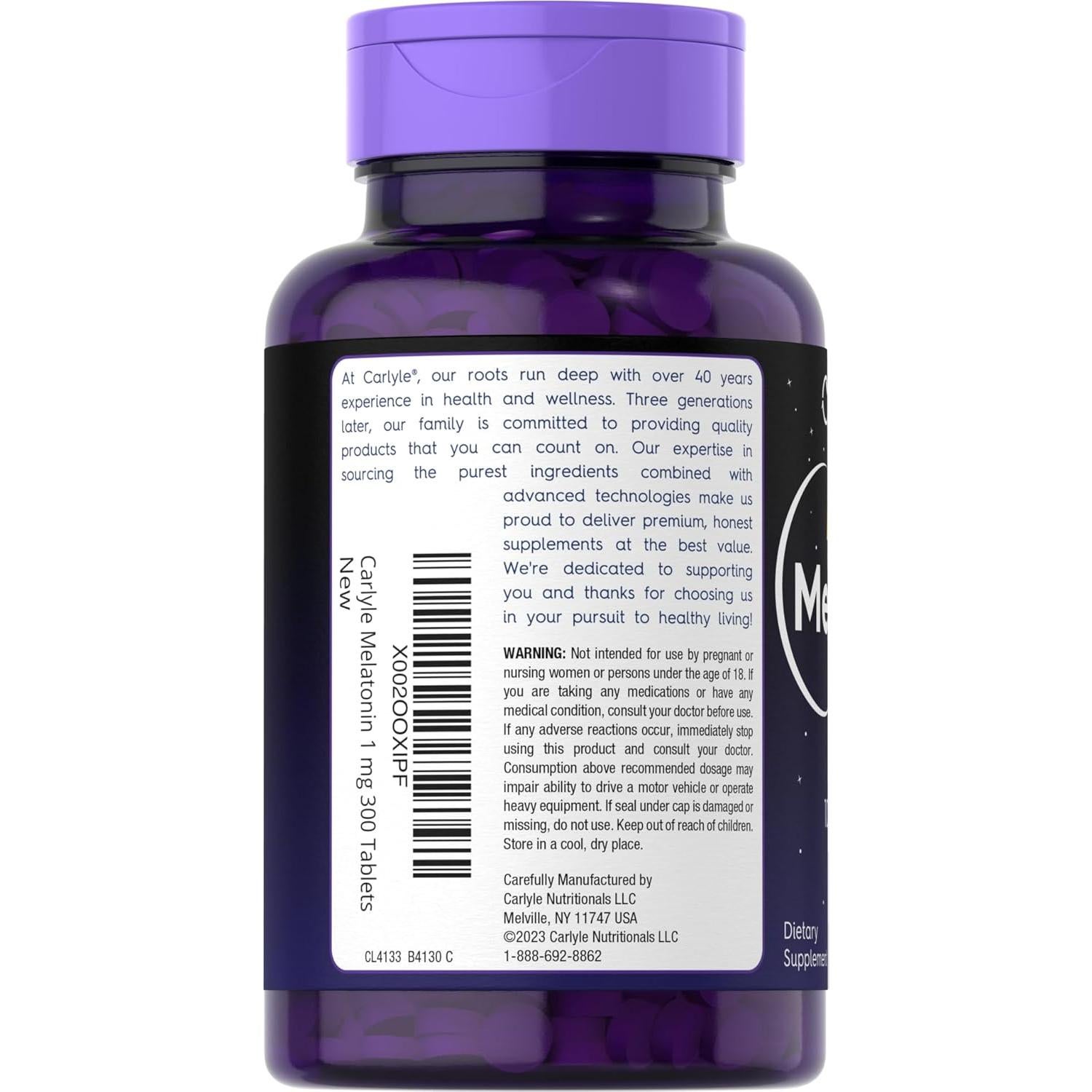 Melatonina 1 mg Carlyle | 300 Tabletas Vegetarianas | Sin Gluten