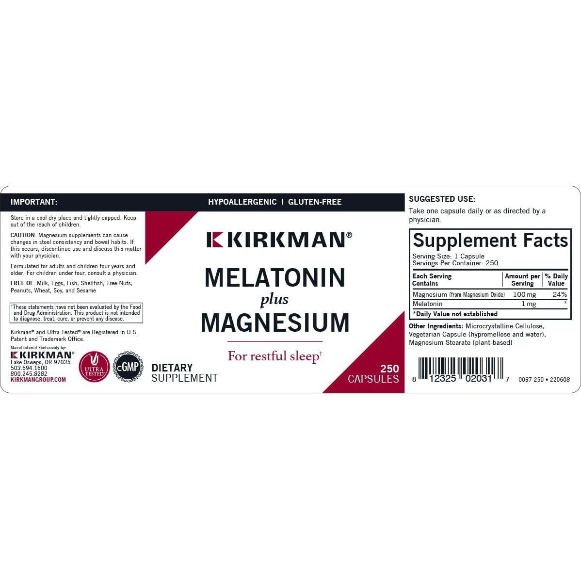 Cápsulas de Melatonina Plus Magnesio Kirkman - 250 Unidades