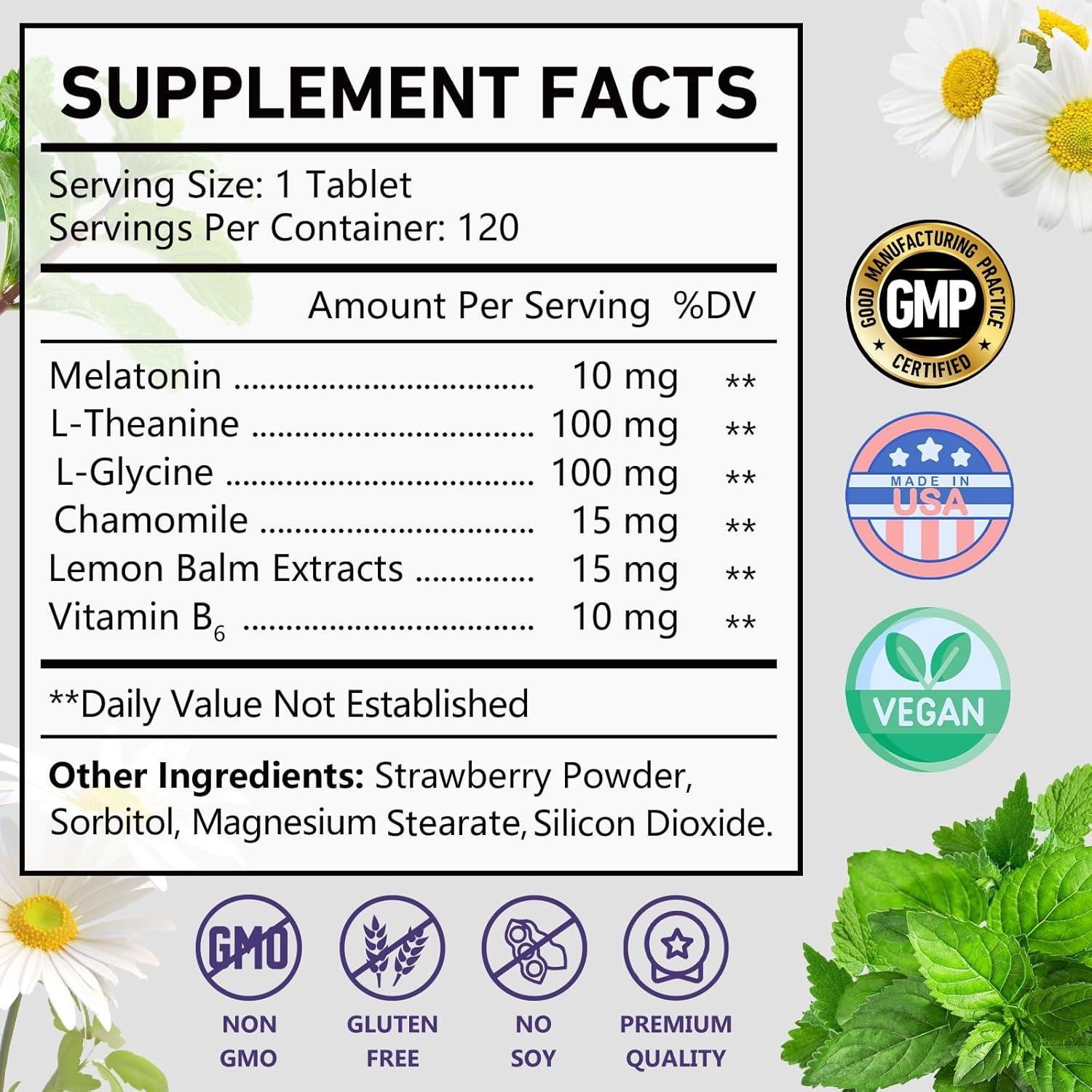 Suplemento de Melatonina 10mg OMOGS con L-Theanina y Vitamina B