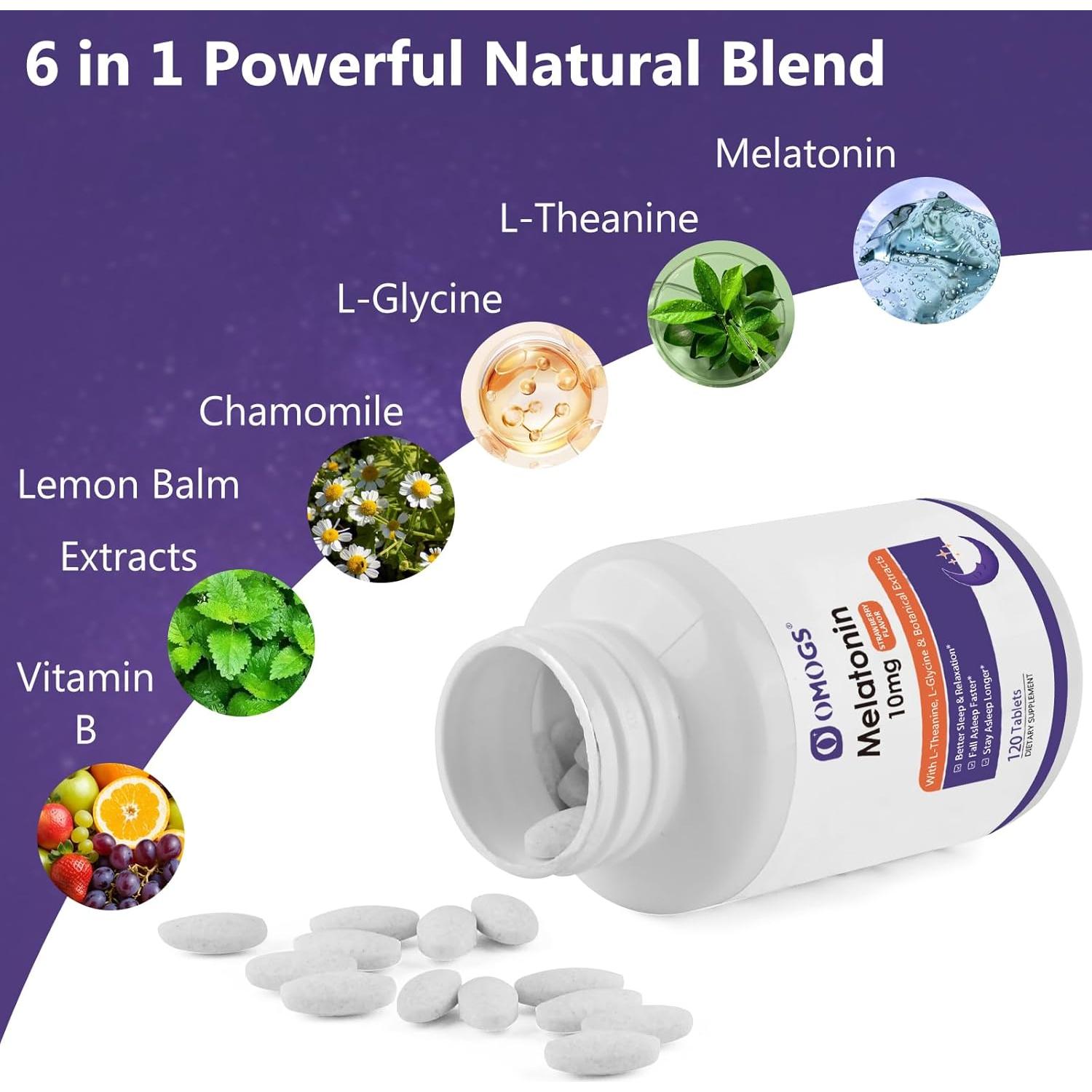 Suplemento de Melatonina 10mg OMOGS con L-Theanina y Vitamina B