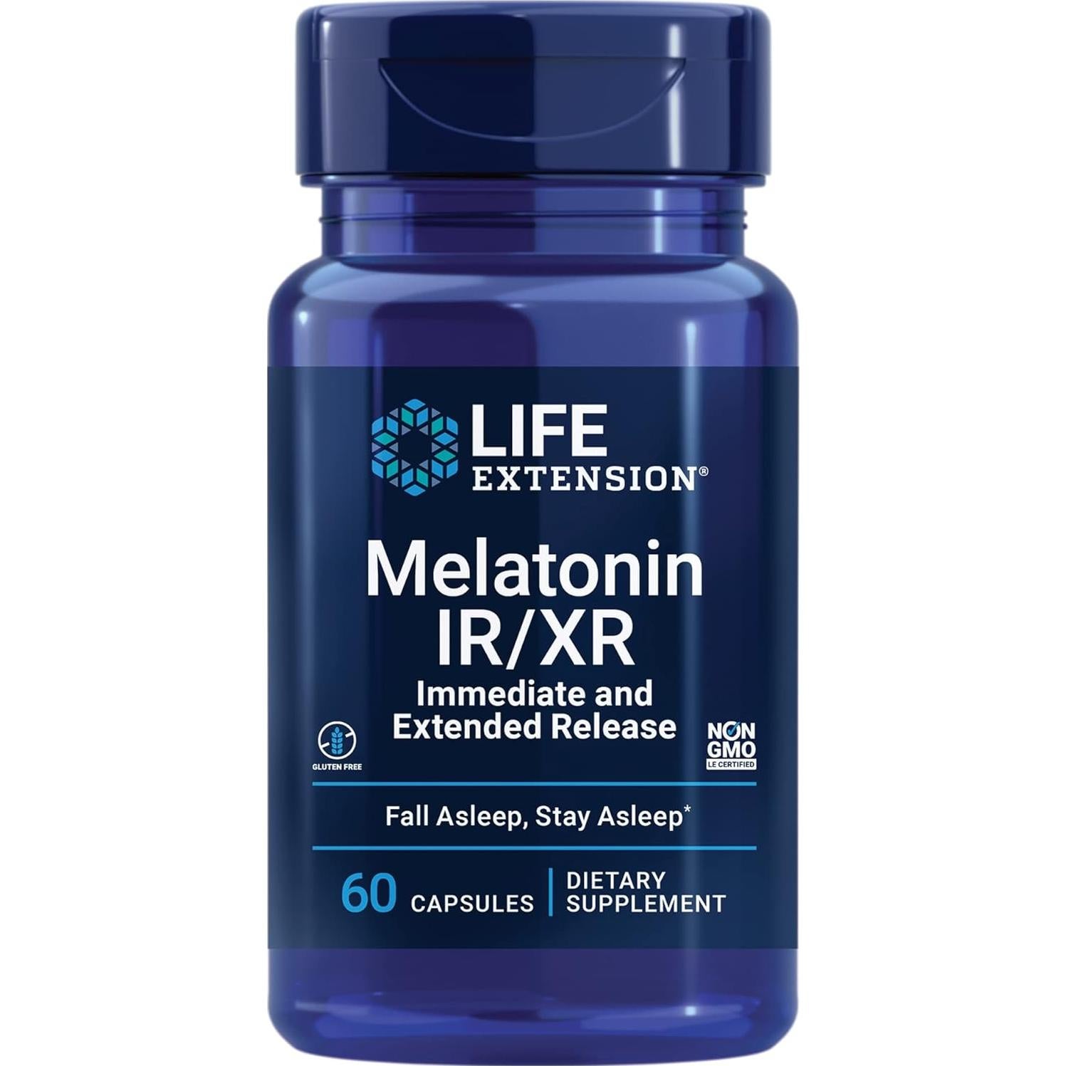 Suplemento Melatonina IR/XR y Ashwagandha Life Extension - 60 Cápsulas