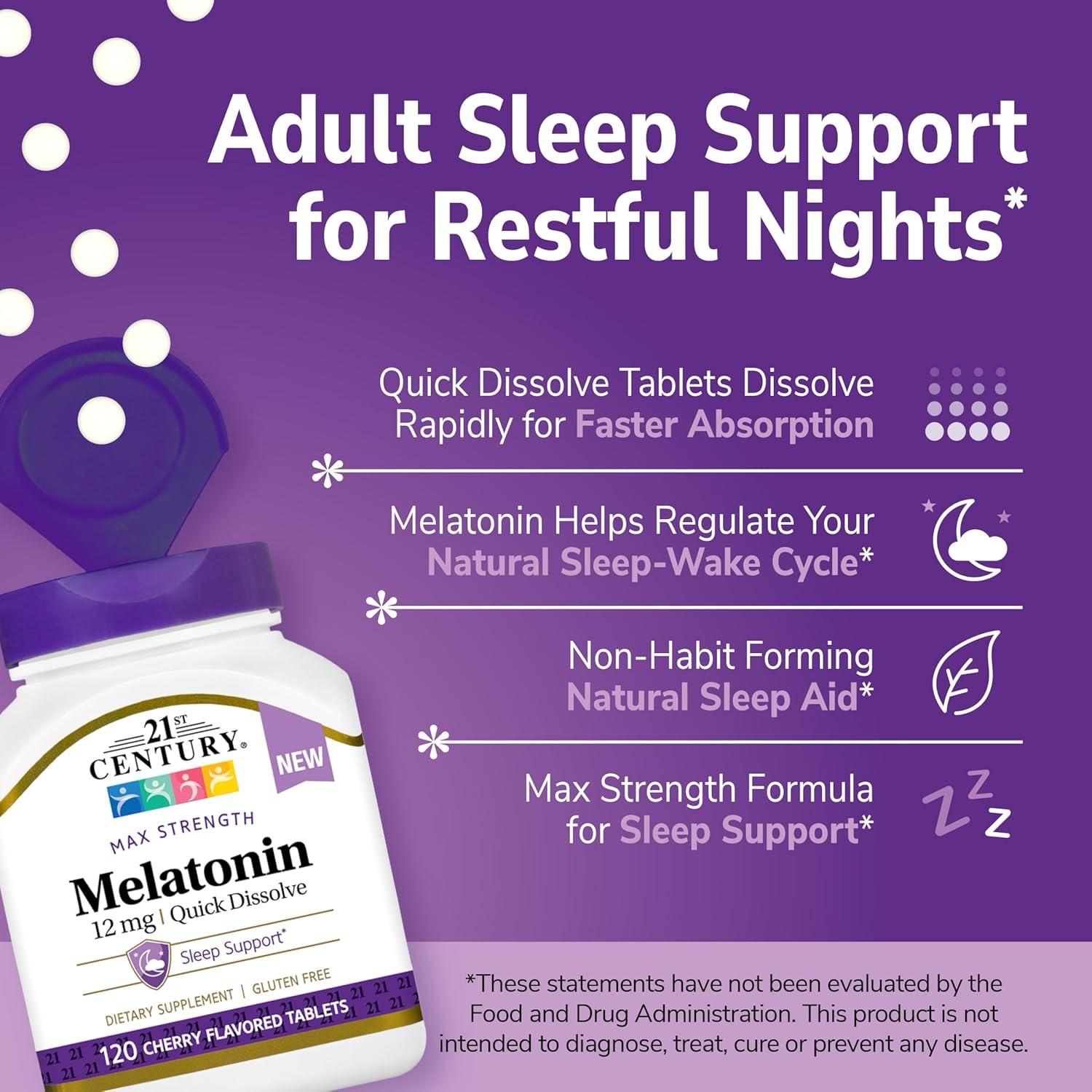 Melatonina 12 mg Siglo 21 Tabletas Rápidas Sabor Cereza 120 U.