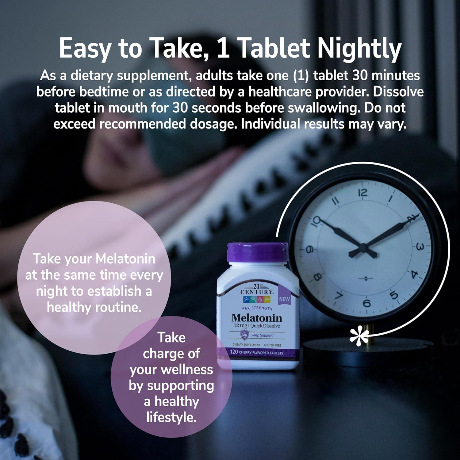 Melatonina 12 mg Siglo 21 Tabletas Rápidas Sabor Cereza 120 U.