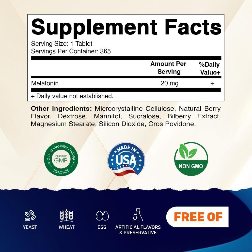 Tabletas de Melatonina Vitamatic 20 mg Sabor Frutos Rojos 365 Unidades