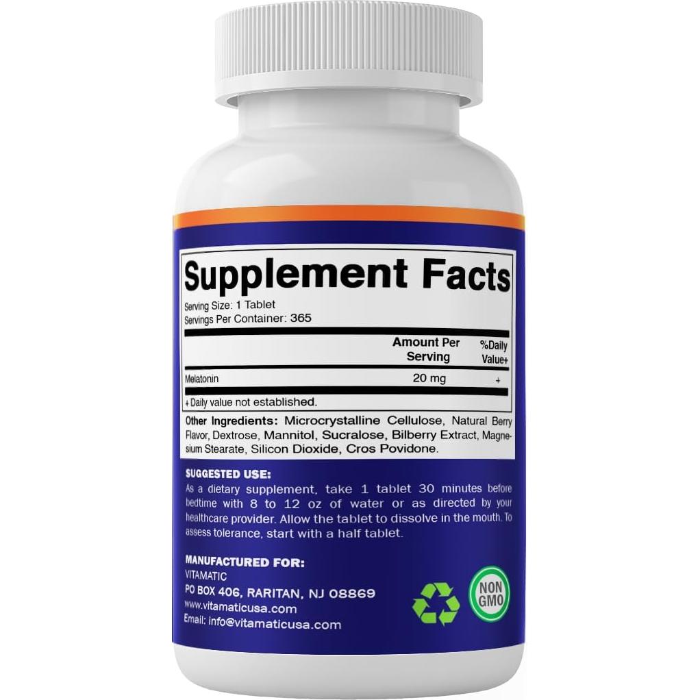 Tabletas de Melatonina Vitamatic 20 mg Sabor Frutos Rojos 365 Unidades