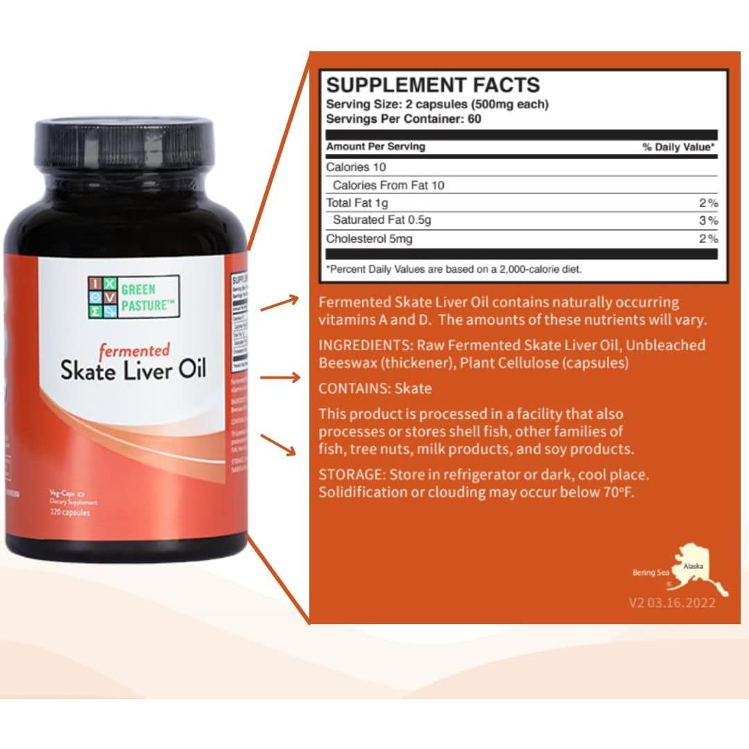Aceite de Hígado de Raya Fermentado Green Pasture - 120 Cápsulas