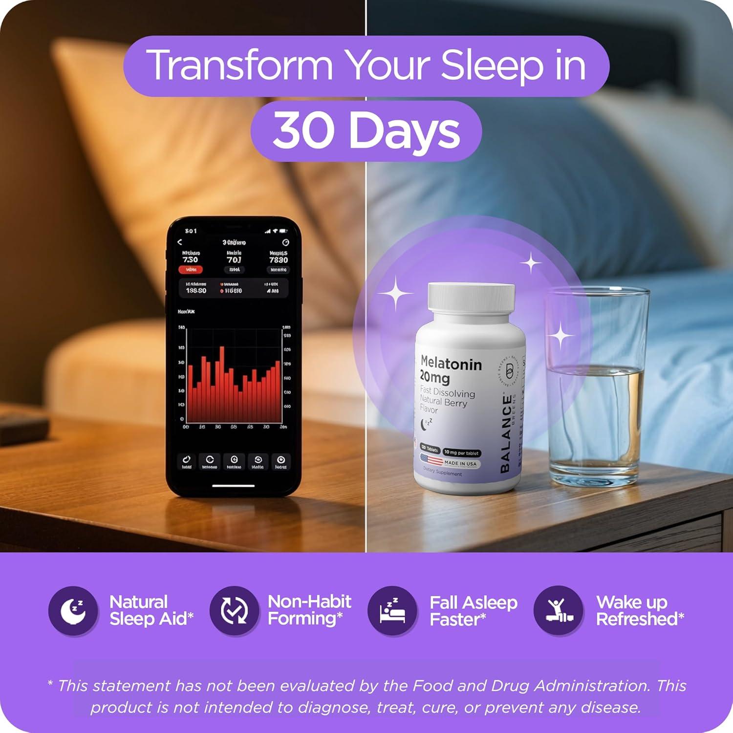 Melatonina 20mg Balance Breens - 120 Tabletas Rápidas para Dormir