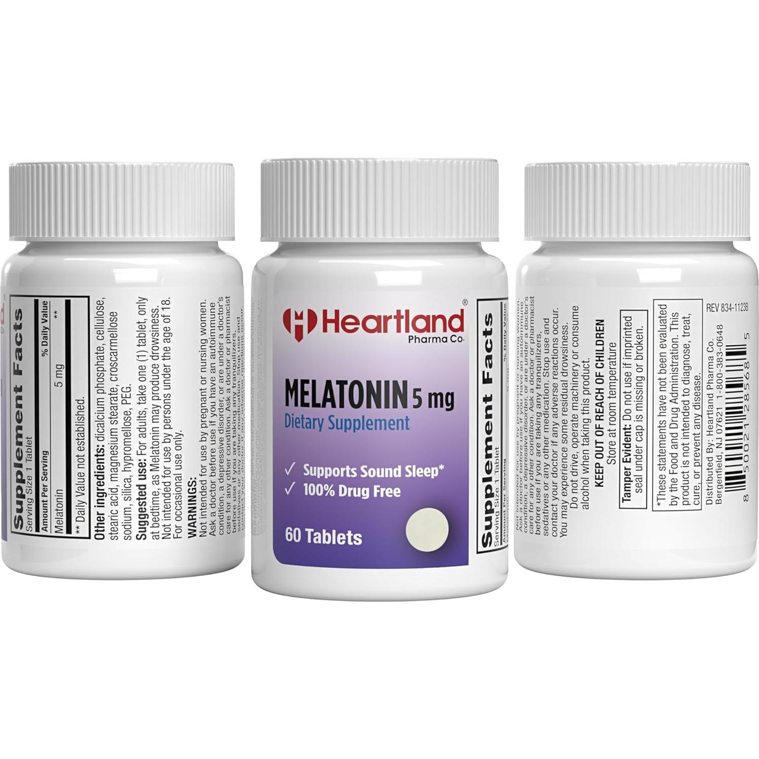 Melatonina 5mg Heartland Pharma - Suplemento Natural para Dormir 60 Tabletas