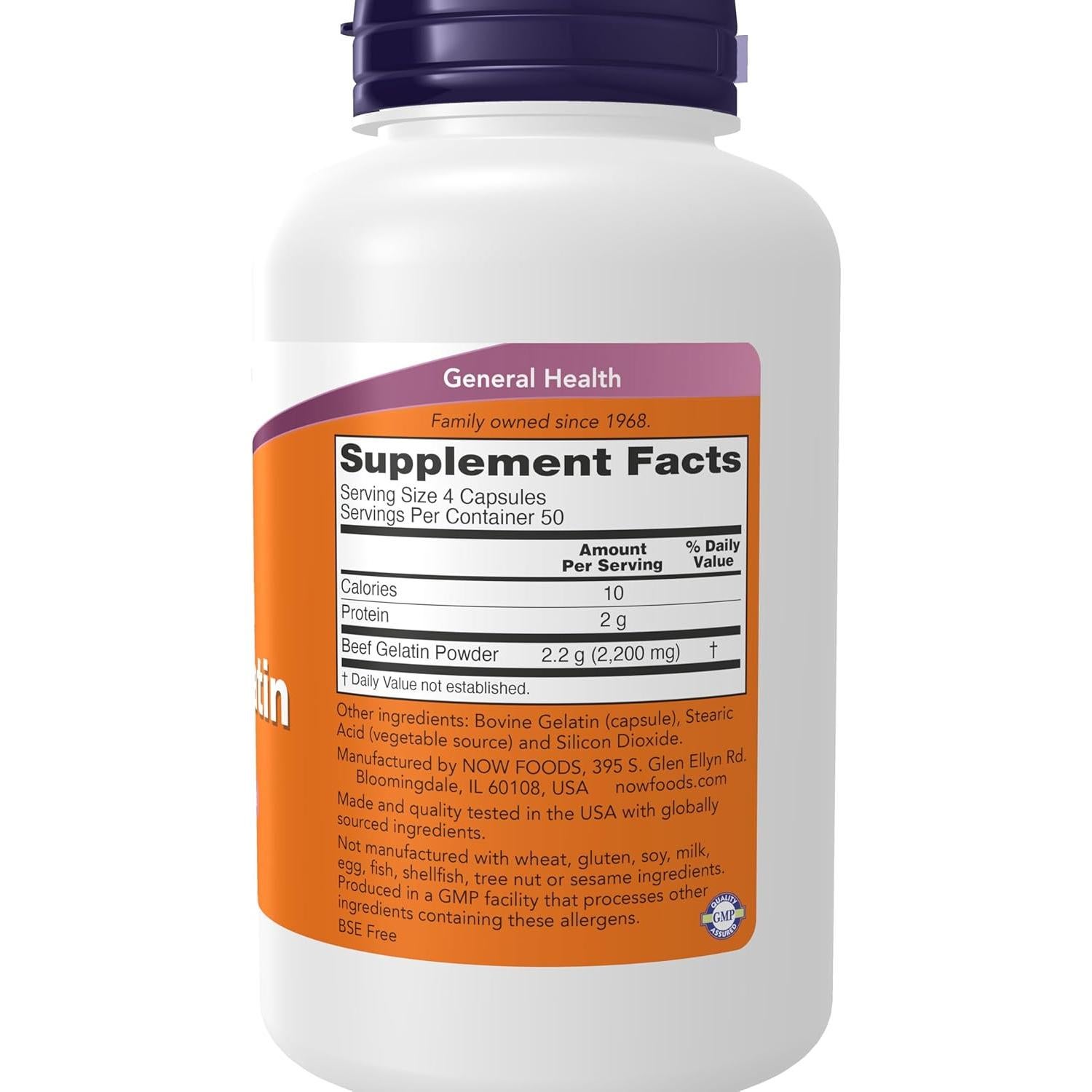 Suplemento de Gelatina de Res Hidrolizada NOW Foods 200 Cápsulas