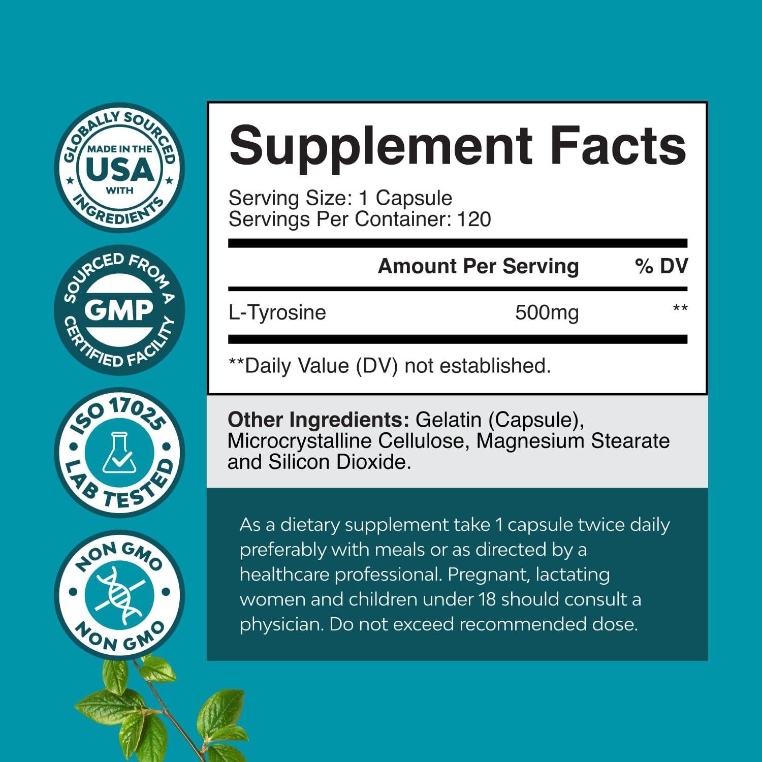 Cápsulas L-Tirosina 500mg Natures Craft - Suplemento Energía Mental