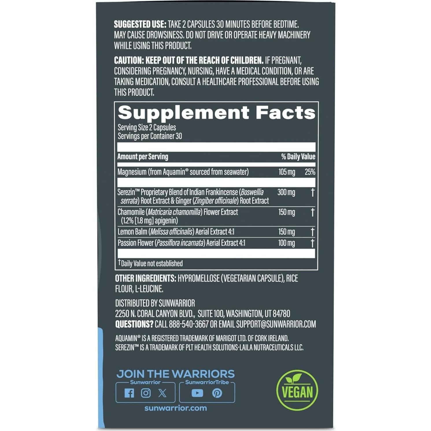 Cápsulas Veganas Sunwarrior Sueño y Restauración 60 Unidades