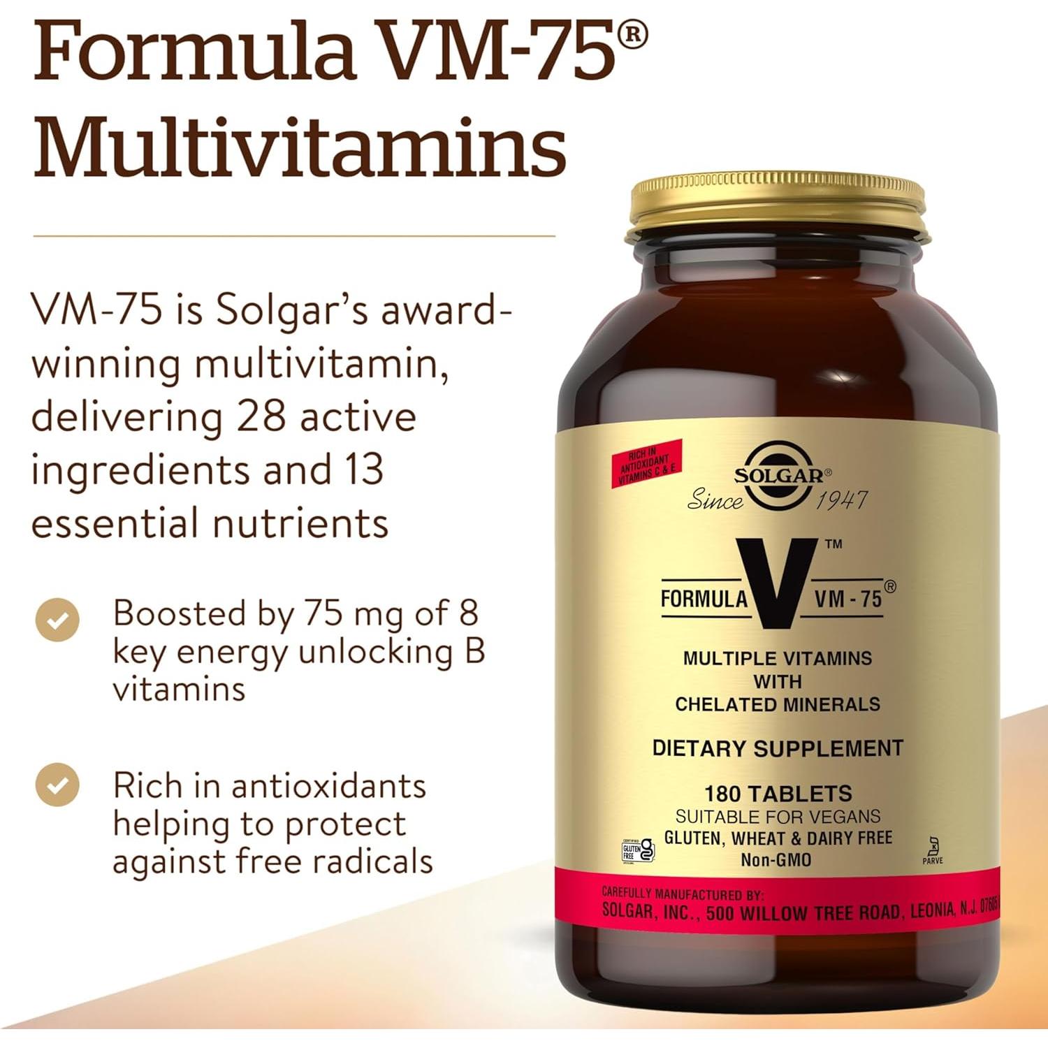 Multivitamina Solgar VM-75 180 Tabletas Veganas Sin Gluten