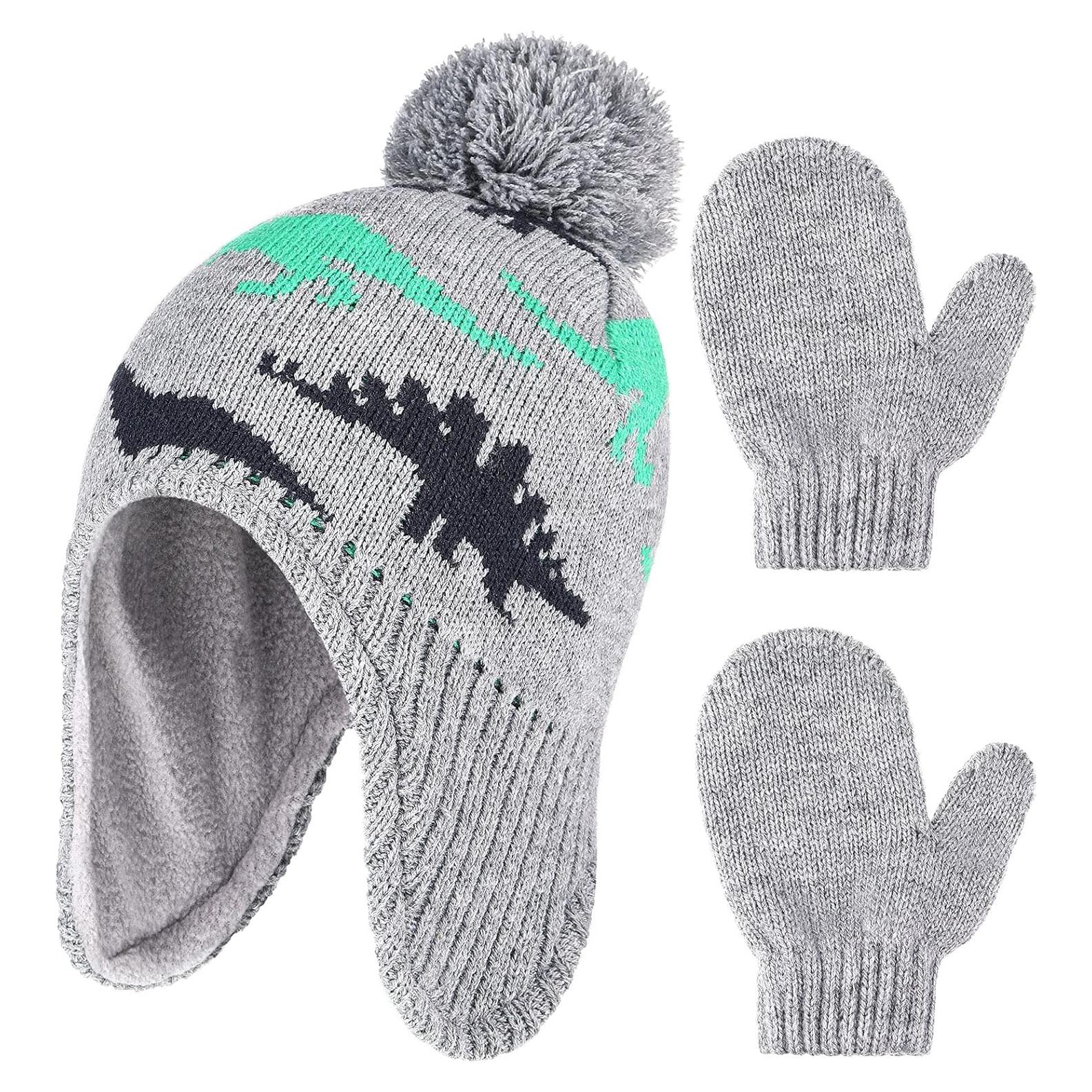 Conjunto de gorro y mitones de invierno para niños - Gris