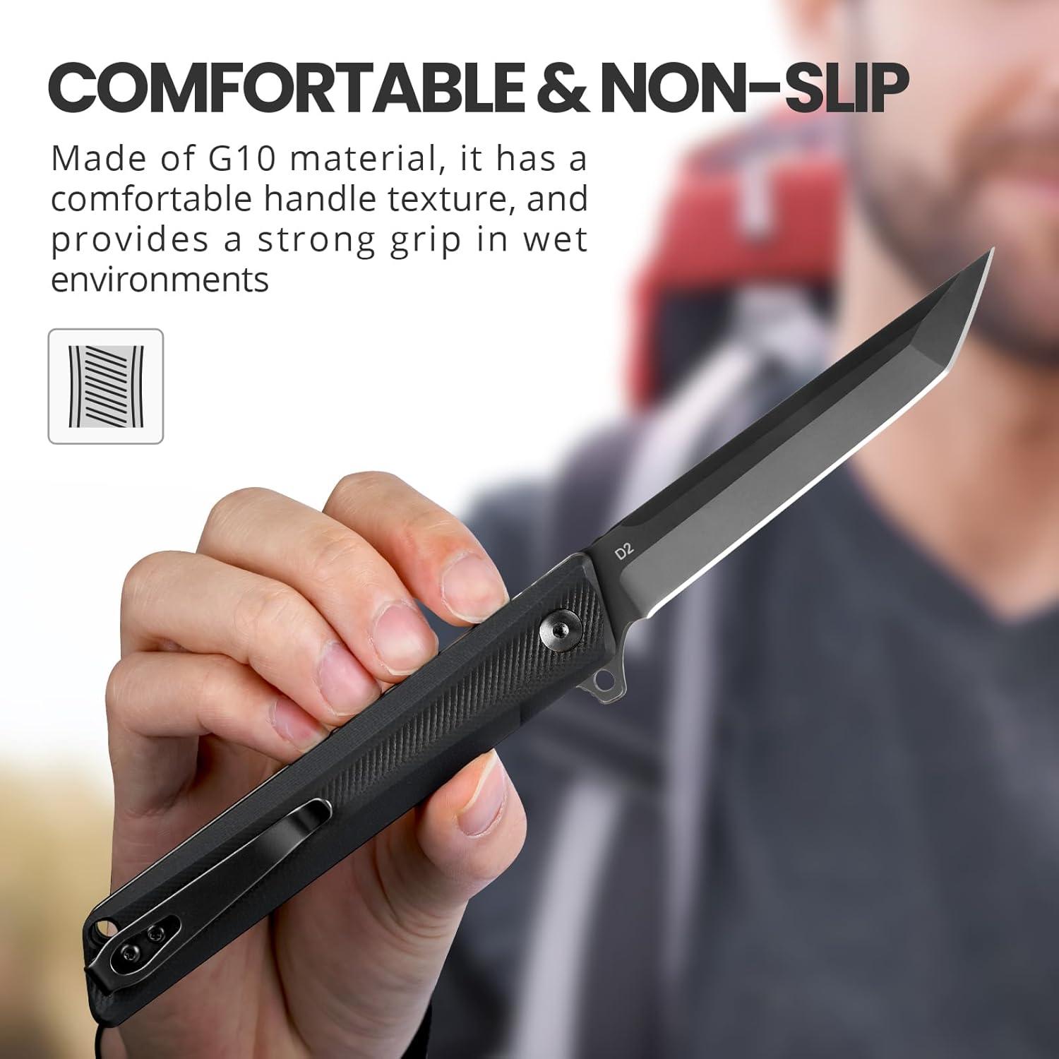 Cuchillo de bolsillo FUNBRO D2 Negro 21.8 cm EDC para senderismo